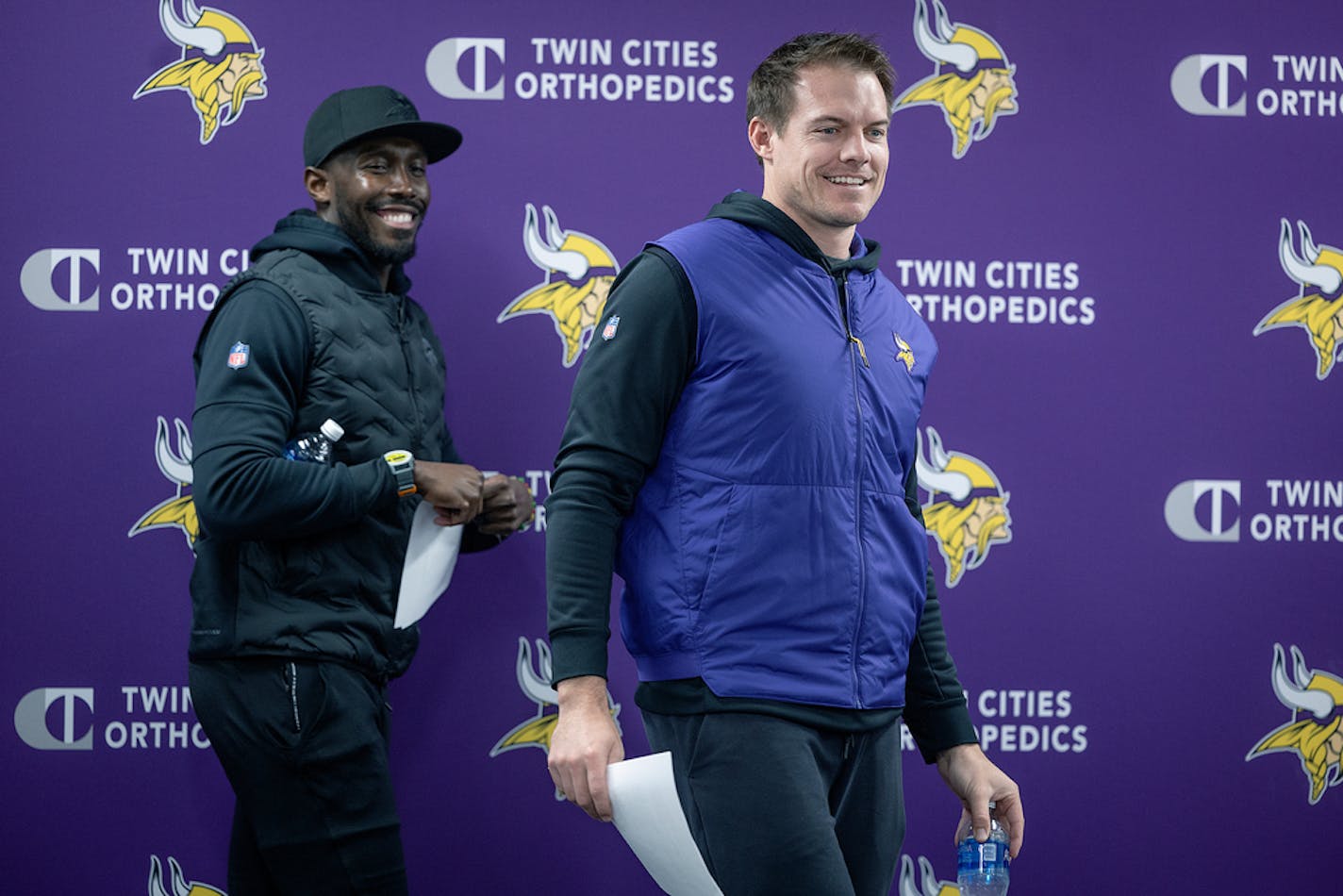 Vikings general manager Kwesi Adofo-Mensah, and Head Coach Kevin O'Connell address the media a week before the draft at the TCO Performance Center in Eagan, Minn., on Thursday, April 13, 2023. ] Elizabeth Flores • liz.flores@startribune.com