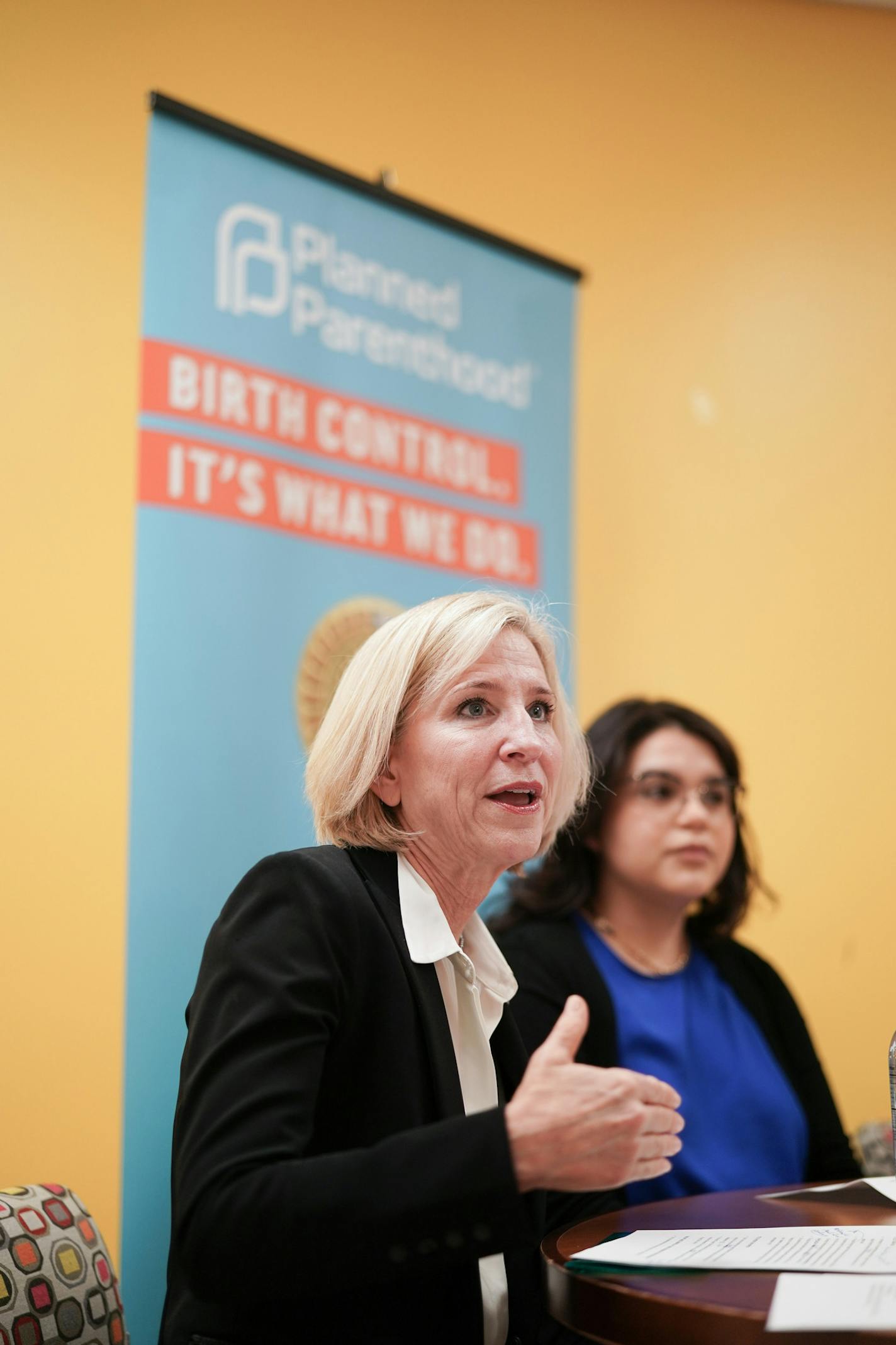 Planned Parenthood President and CEO of North Central States Sarah Stoesz spoke at a small table discussion at the Richfield Planned Parenthood office. On the right is clinic patient Jocelyn Vergara. ] GLEN STUBBE &#x2022; glen.stubbe@startribune.com Friday, April 26, 2019 More than a dozen Minnesota clinics providing health services like birth control, STD testings and cancer screenings to low-income residents could lose critical federal funding under a controversial rule change from the Trump