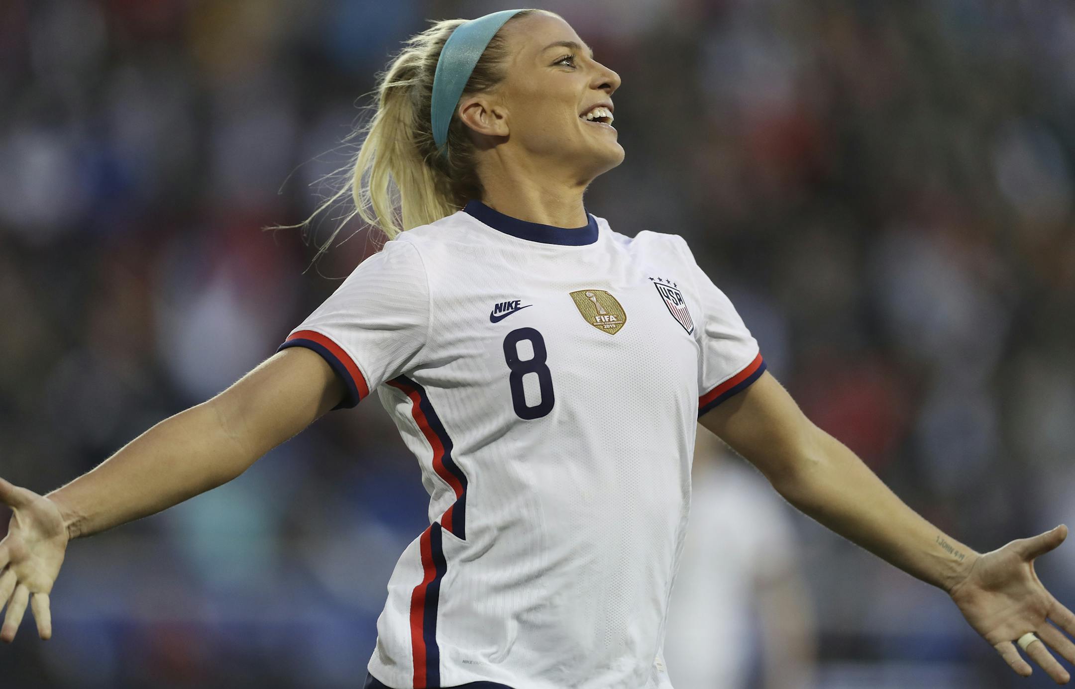 United States midfielder Julie Ertz (8) celebrates after scoring a goal during the second half of a SheBelieves Cup soccer match against Spain Sunday, March 8, 2020, in Harrison, N.J. The United States won 1-0. (AP Photo/Steve Luciano)