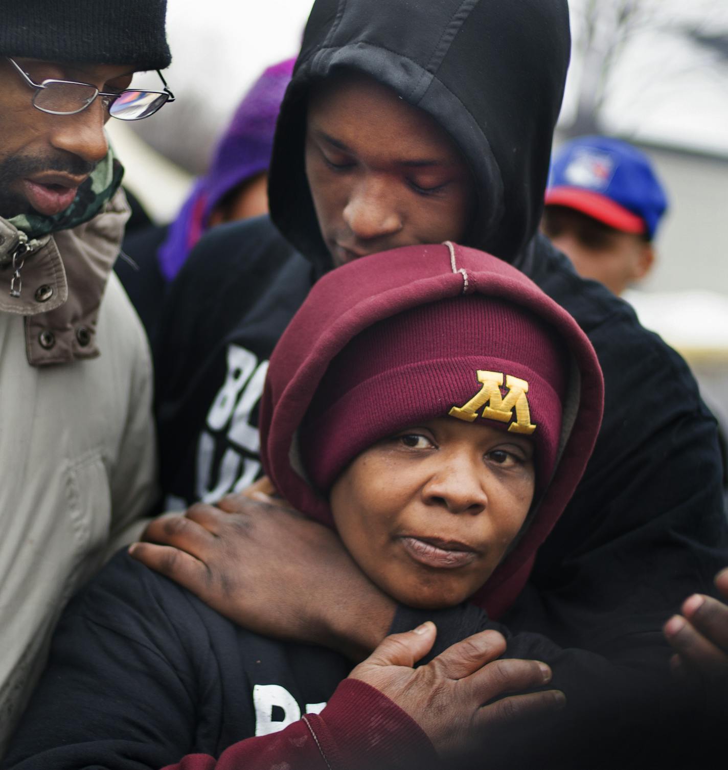 At the 4th Precinct in North Minneapolis, Black Lives Matter protesters Draper Larkins, Wesley Martin, and Lakiela King, the mother of Tevin King who was shot in the stomach, l to r, spoke of alleged shooter Allen Scarsella.]Richard Tsong-Taatarii/rtsong-taatarii@startribune.com