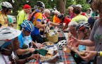 Food and beverage stops are frequent during the trip: Cyclists visit Belle Ecorce Farms, where they sample goat cheese made there.