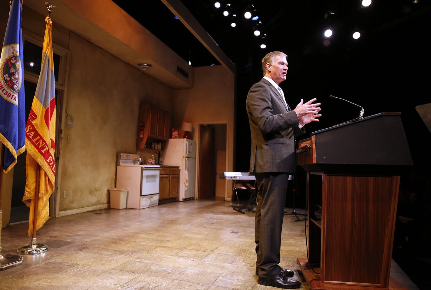 St. Paul Mayor Chris Coleman delivers his State of the City address at the Penumbra Theatre. ] (Leila Navidi/Star Tribune) leila.navidi@startribune.com BACKGROUND INFORMATION: St. Paul Mayor gives his 2016 State of the City address Tuesday, April 19, 2016 at the Penumbra Theatre in St. Paul. Interspersed in the speech were performances of excerpts of August Wilson plays.