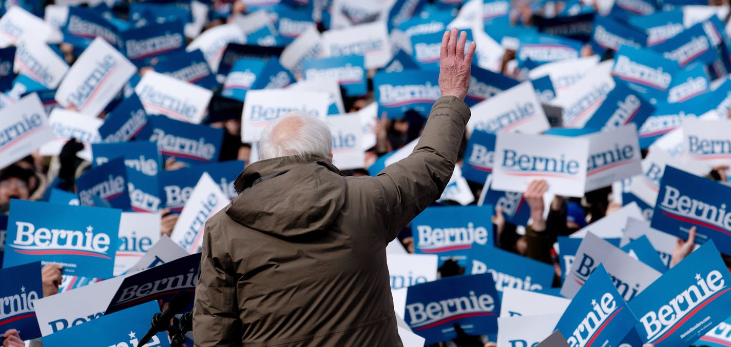 FILE -- Sen. Bernie Sanders (I-Vt.), a candidate for the Democratic presidential nomination, during a campaign rally in Boston, Feb. 29, 2020. No legislation to advance or achieve universal health care has succeeded over the past 70 years without Democrats not only controlling all three branches of government, but also having a supermajority in the Senate &#x2014; at this point, Sanders&#x2019; plan has nowhere near that support. (Erin Schaff/The New York Times)