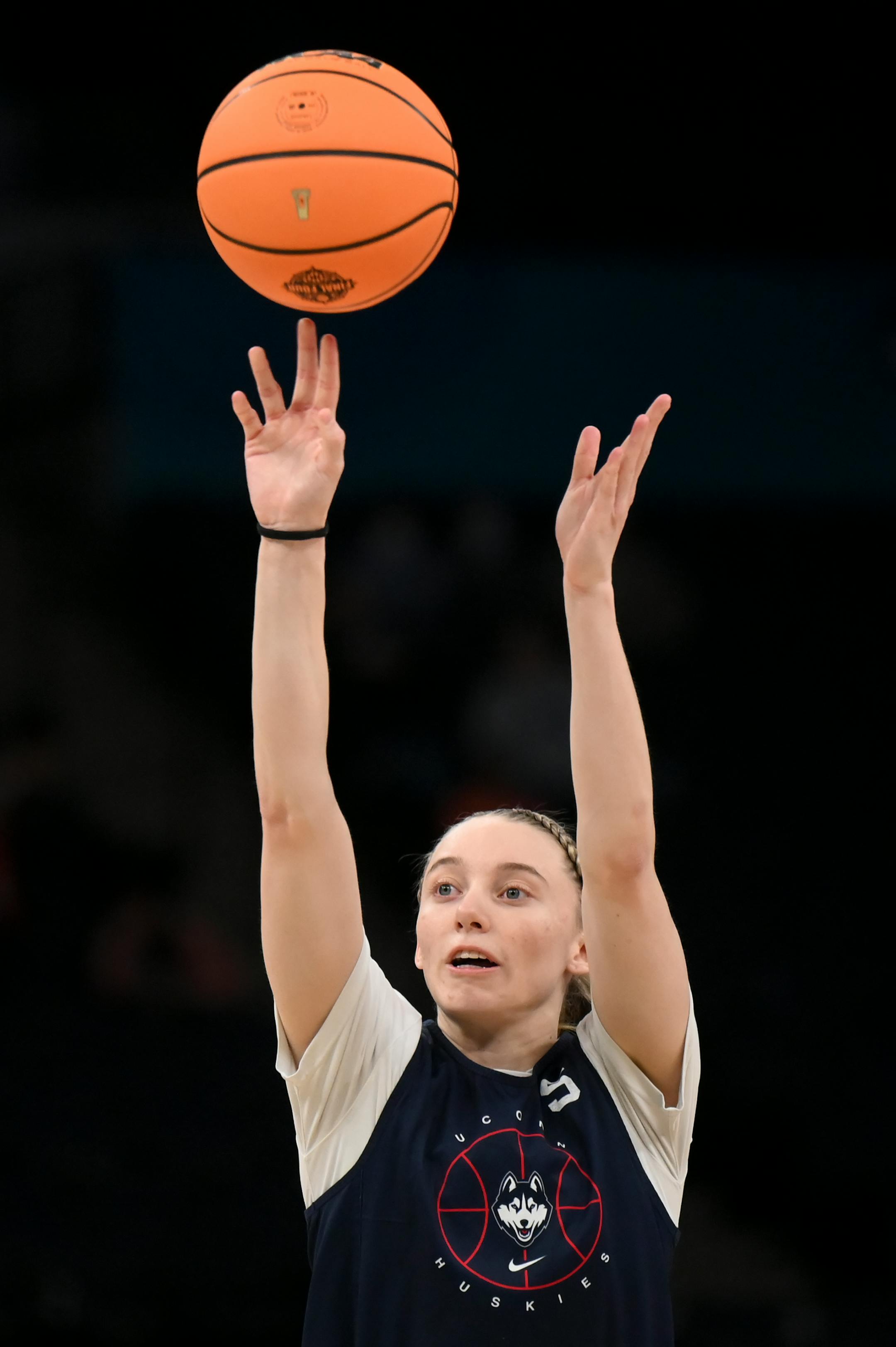 UConn guard Paige Bueckers (5) attempts a shot during a Final Four open practice held Saturday, April 2, 2022 at Target Center in Minneapolis, Minn.