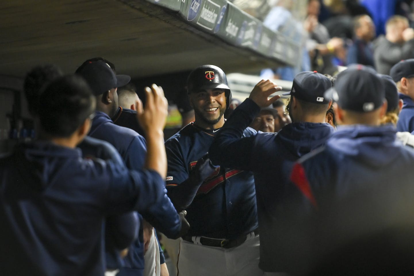 Minnesota Twins designated hitter Nelson Cruz (23) celebrated with teammates after hitting a solo home run in the bottom of the third inning against the Washington Nationals. ] Aaron Lavinsky &#x2022; aaron.lavinsky@startribune.com The Minnesota Twins played the Washington Nationals on Thursday, Sept. 12, 2019 at Target Field in Minneapolis, Minn.