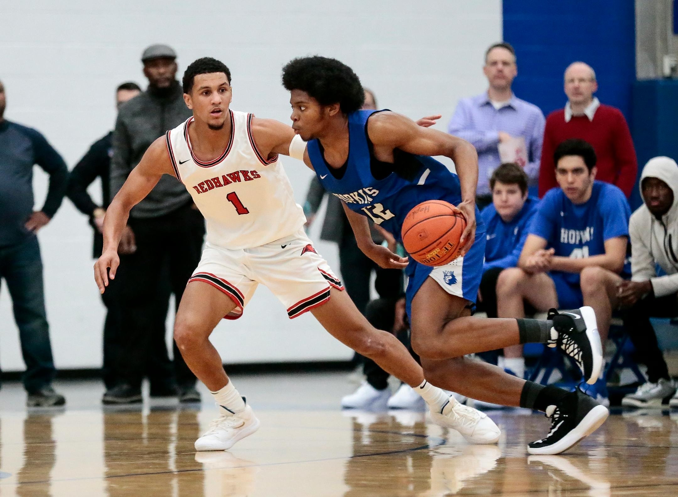 Two of Minnesota's top high school basketball players, Minnehaha Academy's Jalen Suggs (1) and Hopkins' Kerwin Walton, faced each other in a December game at Hopkins. Suggs has commited to Gonzaga; Walton has yet to decide.