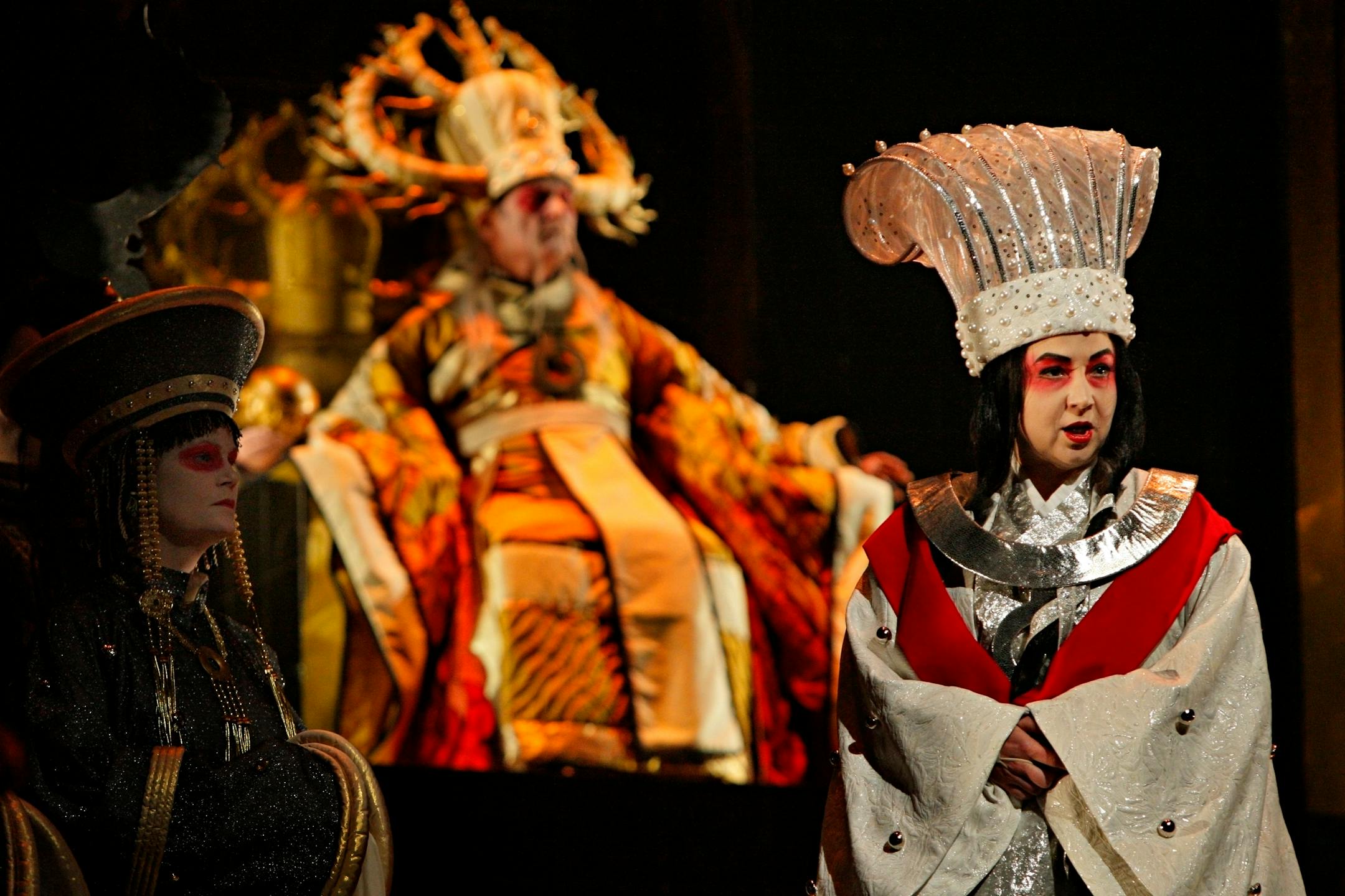 Emperor Altoum, Turandot's father - Vern Sutton and Princess Turandot - Irina Rindzuner in Minnesota Opera production of Turandotmusic by Giacomo Puccinilibretto by Giuseppe Adami and Renato Simoniafter Carlo Gozzi's dramatic fairy tale (1762)world premiere at the Teatro alla Scala, April 25, 1926April 13*, 14**, 16*, 17**, 18*, 19**, 20* and 21**, 2013Ordway, Saint Paulsung in Italian with English captionsCREATIVE TEAM:conductor - Michael Christie �stage director - Renaud Doucetset a