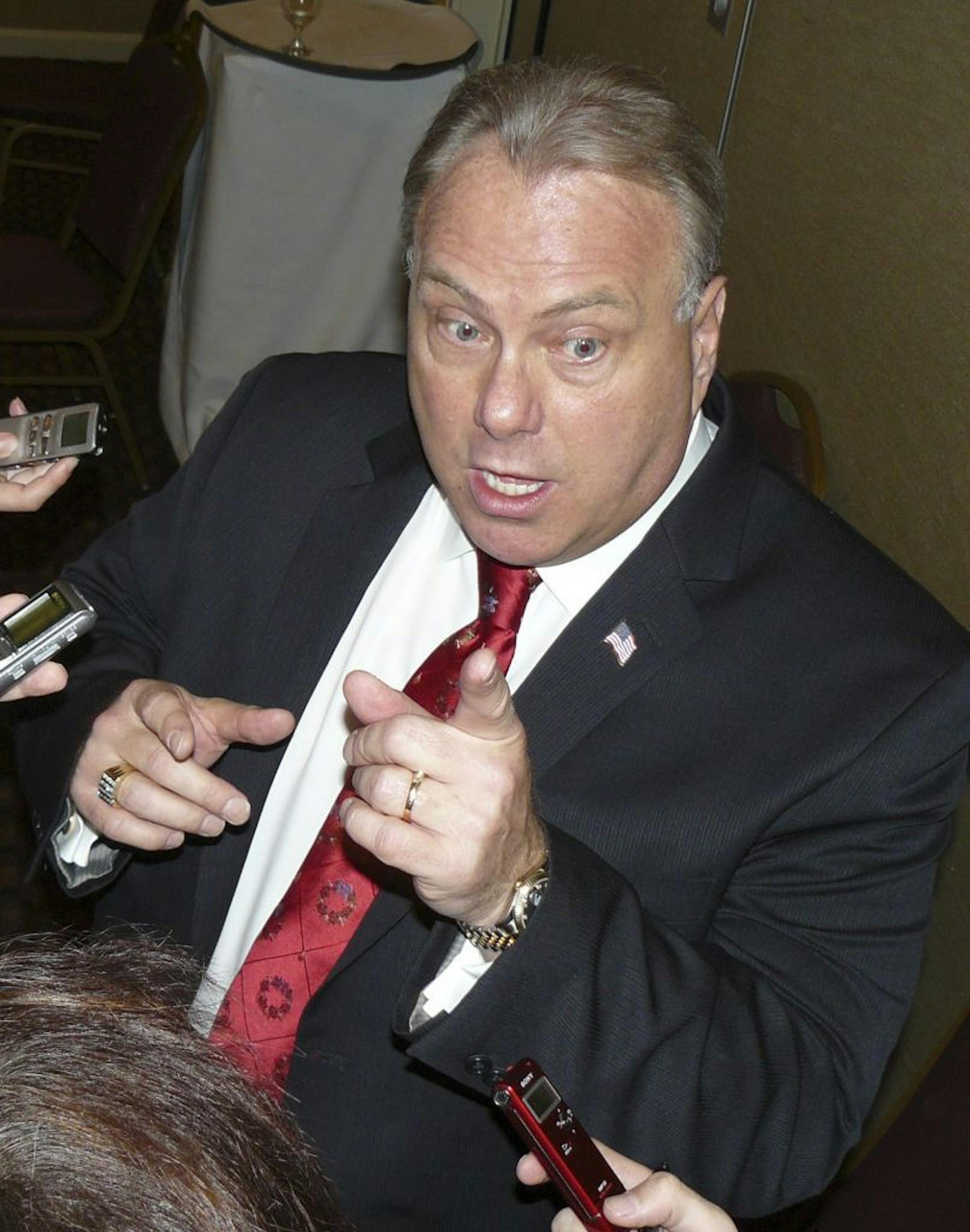 FILE - In this Thursday, Dec. 10, 2009 file photo, Florida Republican Party Chairman Jim Greer talks with reporters after receiving a vote of confidence from the executive committee of the Florida Republican Party in Tallahassee, Fla. Greer's two-week trial starts Monday, Feb. 11, 2013 on theft, fraud and money laundering charges.