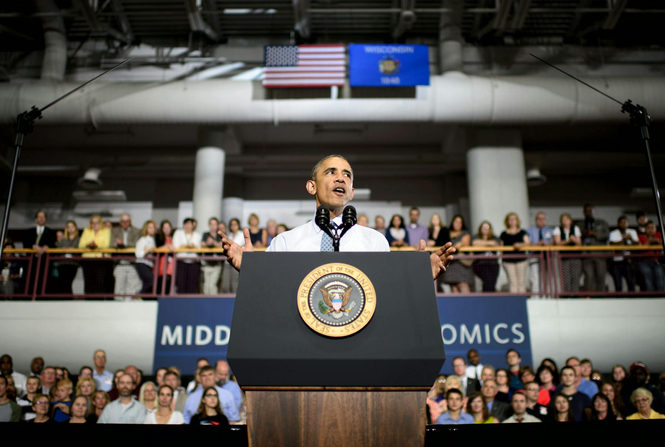 President Barack Obama visited University of Wisconsin-La Crosse, where he discussed the minimum wage and middle class economics. ] GLEN STUBBE * gstubbe@startribune.com Thursday, July 2, 2015 President Barack Obama visited University of Wisconsin-La Crosse, where he discussed the minimum wage and middle class economics.