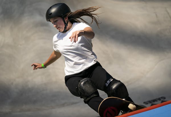 Skateboarder Nicole Hause skated during a practice for the XGames at U.S. Bank Stadium in Minneapolis, Minn., on Tuesday, July 30, 2019. ] RENEE JONES