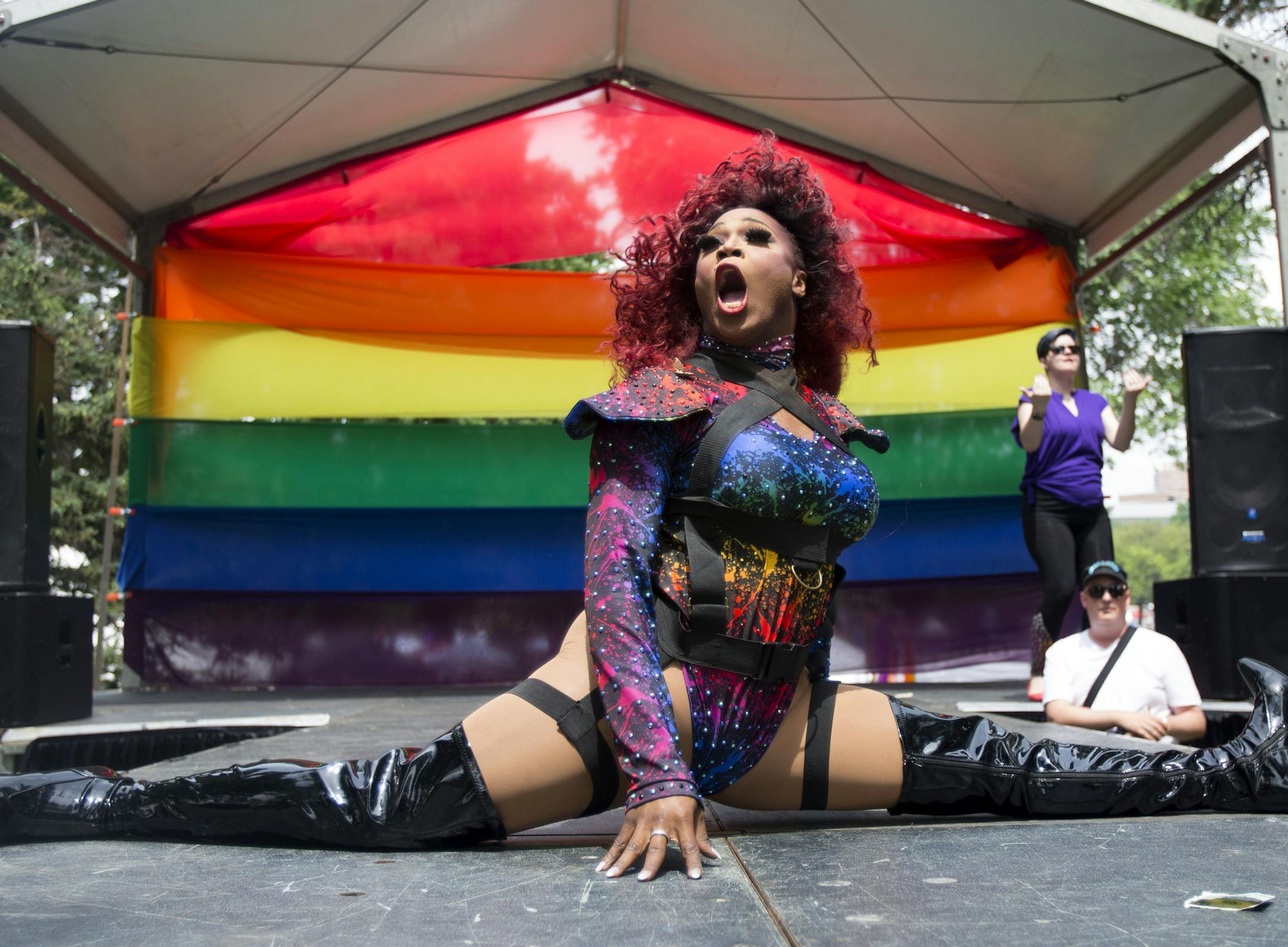 Duchess 26 of the Minnesota Imperial Court performed at the pride festival in Loring Park on Saturday. ] ALEX KORMANN • alex.kormann@startribune.com The Twin Cities celebrated love and all it's forms with the Minneapolis Pride Festival in Loring Park on Saturday June 23, 2018. Thousands gathered in the park for a variety of festivities including performances by members of the Imperial Court of Minnesota, vendors, games and giveaways. The festival lasted six hours on Saturday and was a pre