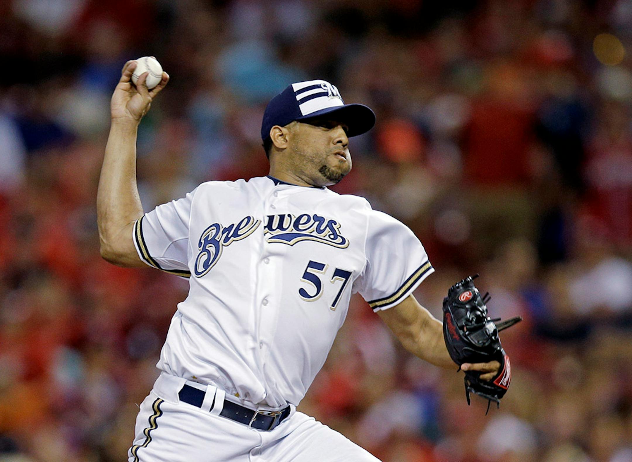 National League's Francisco Rodriguez, of the Milwaukee Brewers, during the seventh inning of the MLB All-Star baseball game, Tuesday, July 14, 2015, in Cincinnati.