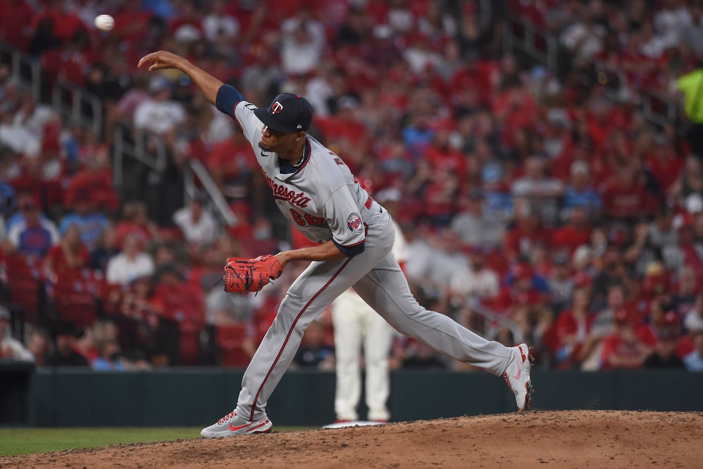 Minnesota Twins relief pitcher Jorge Alcala throws during the fifth inning of a baseball game against the St. Louis Cardinals on Saturday, July 31, 2021, in St. Louis. (AP Photo/Joe Puetz)