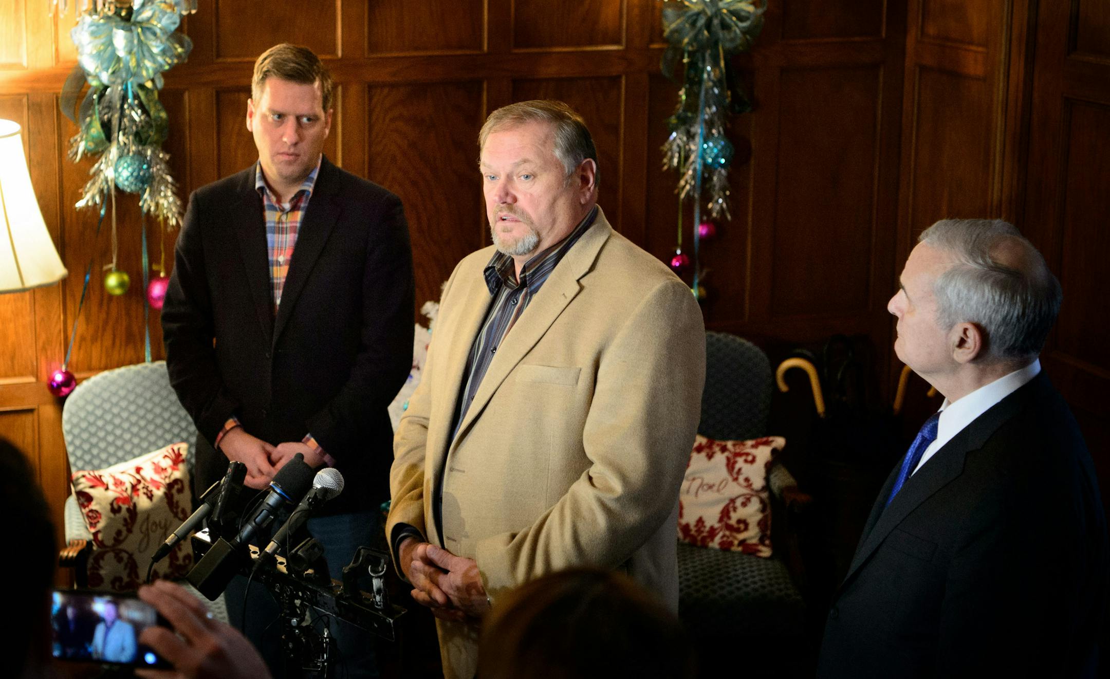 House Speaker Kurt Daudt, Governor Mark Dayton and Majority Leader Tom Bakk talked to the media after the special session meeting at the Governor's residence. ] GLEN STUBBE * gstubbe@startribune.com Thursday, December 17, 2015 Gov. Mark Dayton meetings with Maj. Leader Tom Bakk and House Speaker Kurt Daudt to talk about a possible special session to look at extending unemployment benefits for Iron Range miners and possibly community development money for the black community.