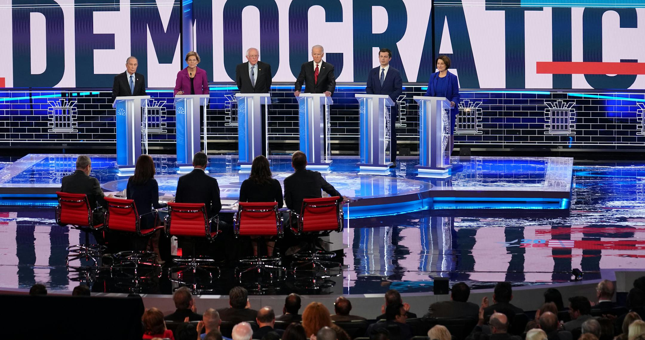 Candidates during the Democratic presidential debate at the Paris Theater in Las Vegas, on Wednesday, Feb. 19, 2020. The Democratic presidential candidates smashed a ratings record on Wednesday night, drawing a combined audience of 19.7 million to the latest primary debate, Nielsen said on Thursday. (Erin Schaff/The New York Times)