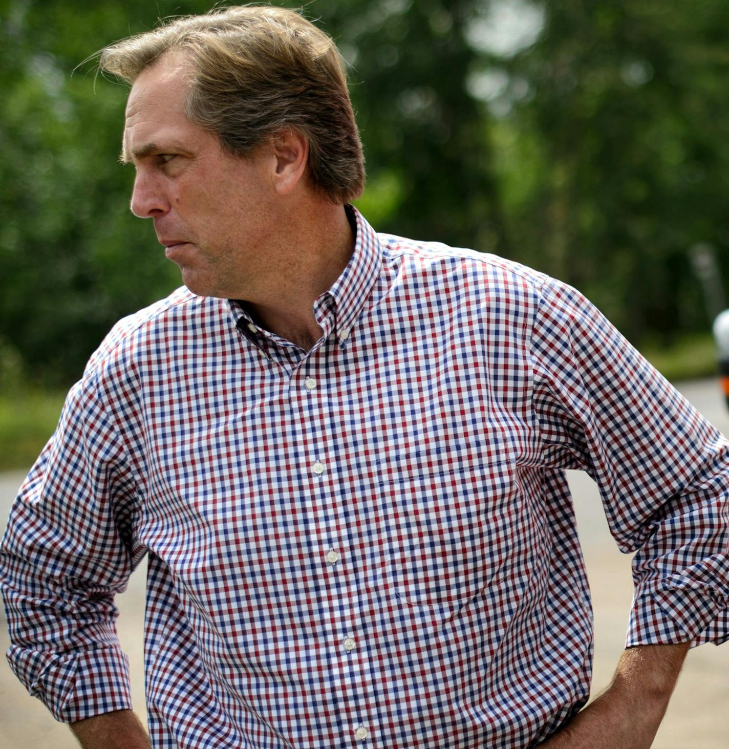 GOP Senate candidate Mike McFadden stopped at the entrance to PolyMet Mine in Hoyt Lakes, Minn. He is in favor of opening PolyMet but has been criticized for not supporting U.S. steel over cheaper government subsidized Chinese steel. Politicians were not allowed to be photographed on mine property. ] Aurora, MN -- Wednesday, August 20, 2014. GLEN STUBBE * gstubbe@startribune.com