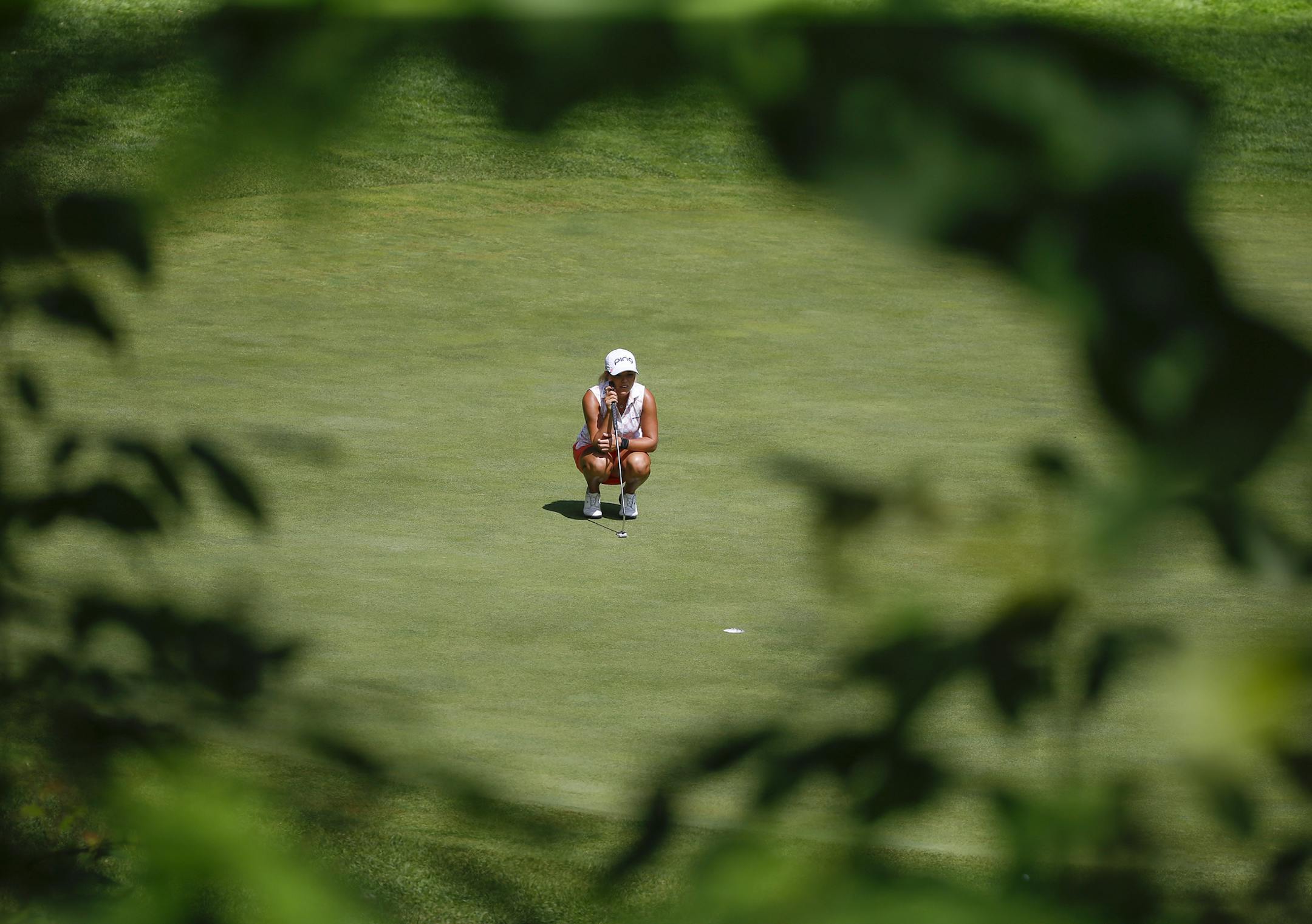 Lauren Stephenson lines up a putt during the second round of the Thornberry Creek LPGA Classic golf tournament Friday, July 5, 2019, in Oneida, Wis. (Chris Kohley/The Post-Crescent via AP)