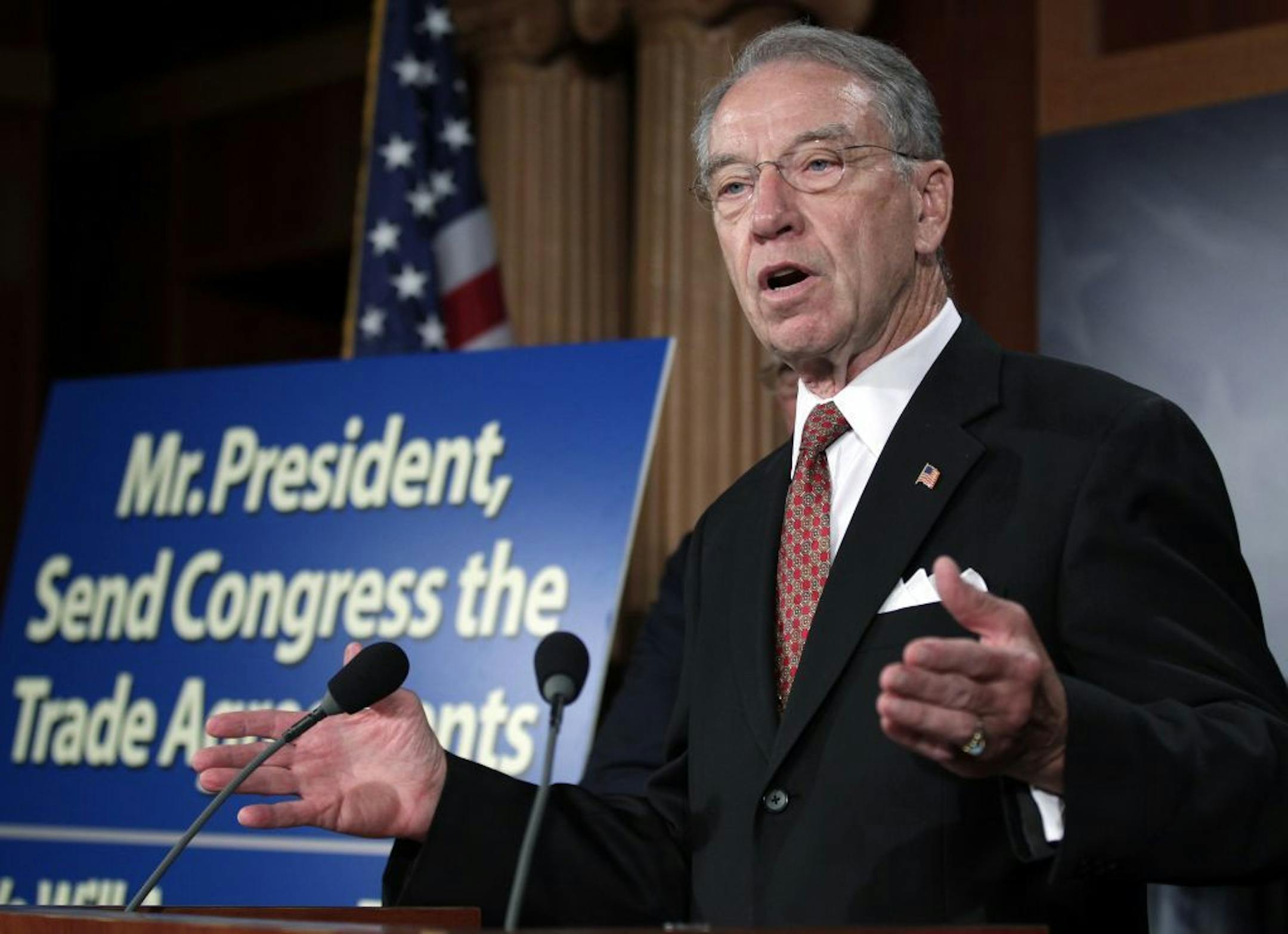 Sen. Charles Grassley, R-Iowa, joins other Republican senators in a call for President Obama to kickstart a dormant U.S. trade agenda that could allow agreements with South Korea, Colombia and Panama, on Capitol Hill in Washington, Wednesday, Sept. 7, 2011.