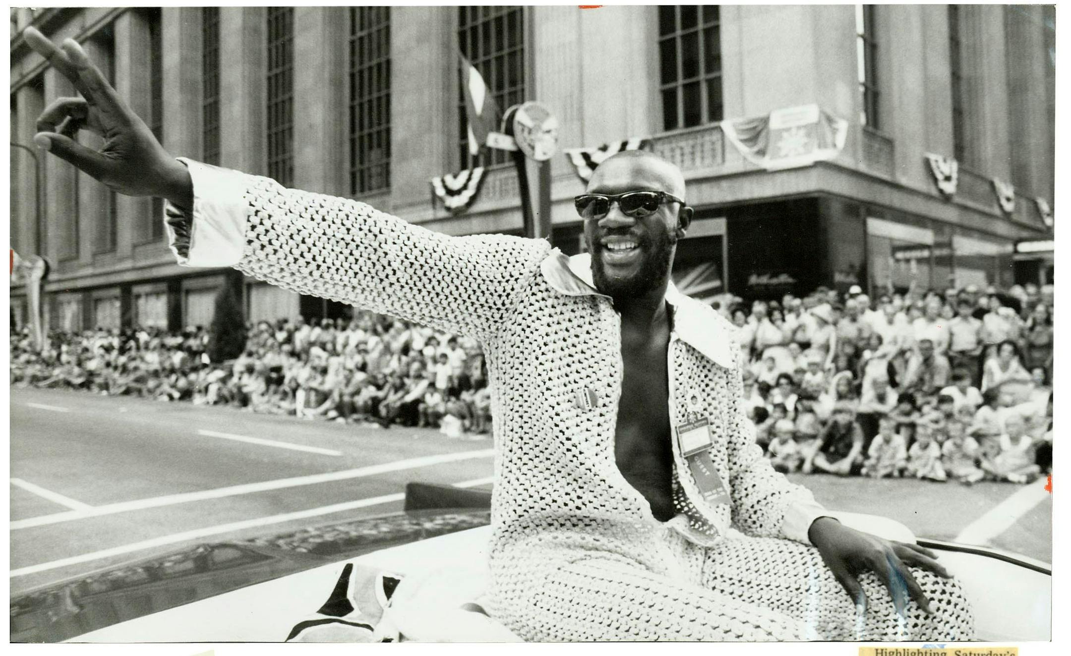 Musician Isaac Hayes appeared as celebrity grand marshal at the Minneapolis Aquatennial parade in July 1970.