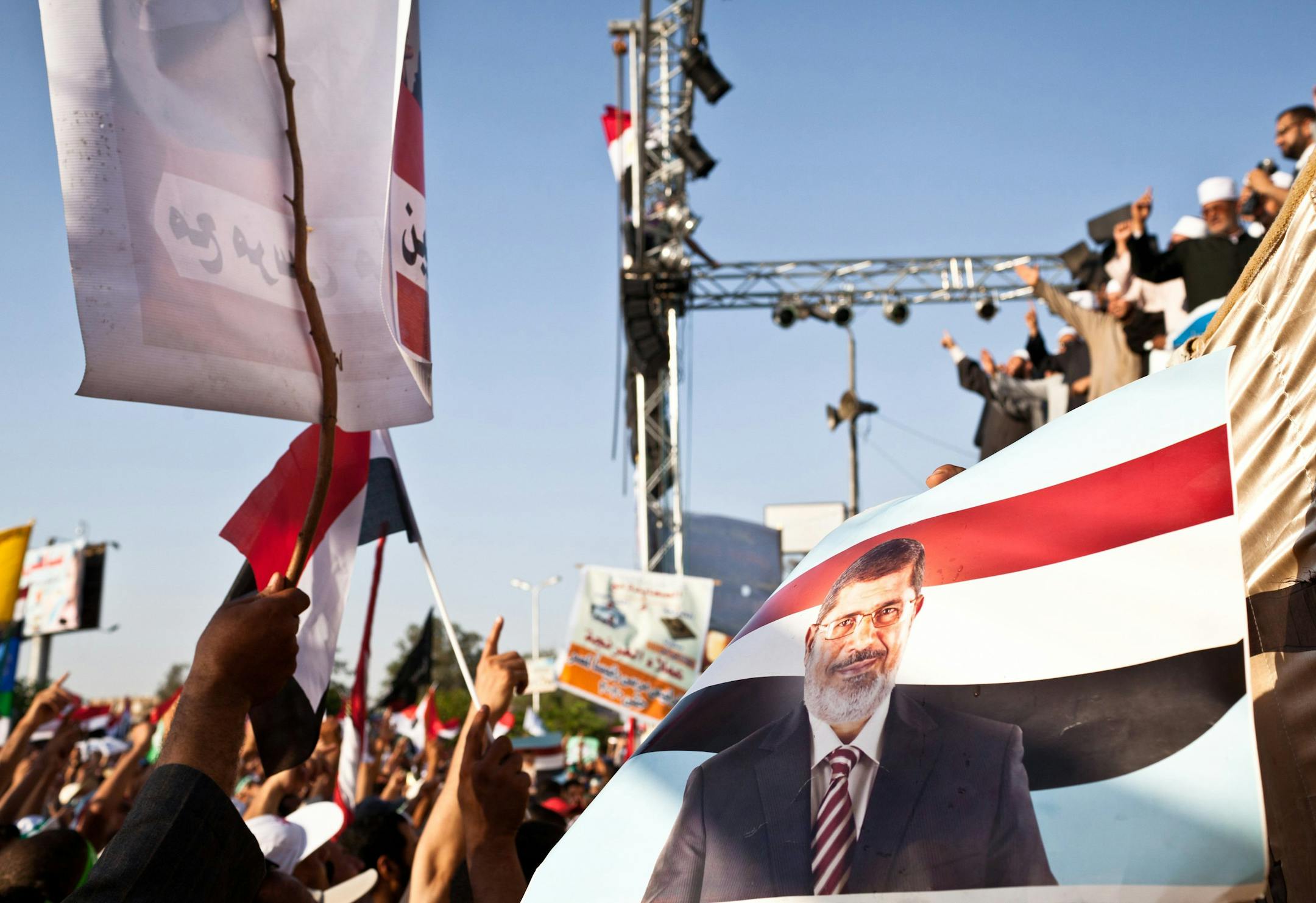Supporters of Egyptian President Mohamed Morsi rally outside the Rabba Al-Adawiya mosque in Cairo, Egypt, on Friday, June 28, 2013, in response to planned opposition protests this weekend.