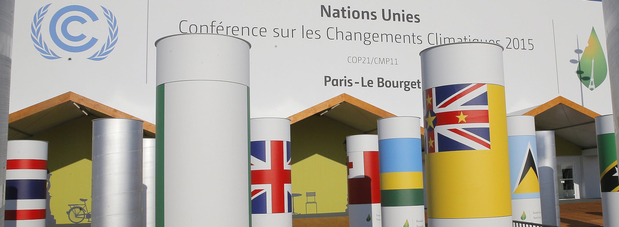 One of the entrances of the U.N Climate Conference is pictured in Le Bourget, outside Paris, Monday Nov. 23, 2015. The conference with more than 100 heads of state is scheduled to start on Nov.30. (AP Photo/Christophe Ena) ORG XMIT: MIN2015112416271830