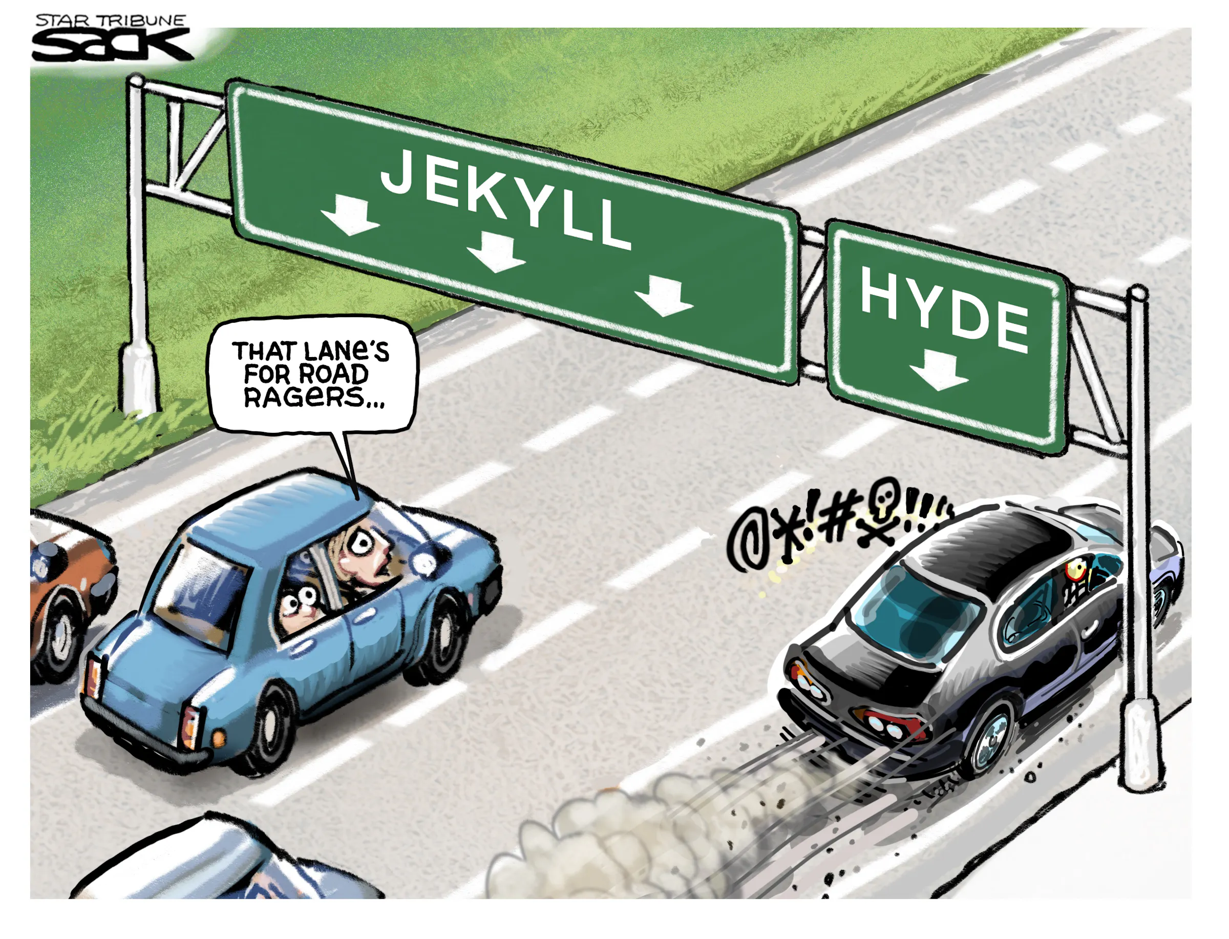 Sack cartoon: Road rage