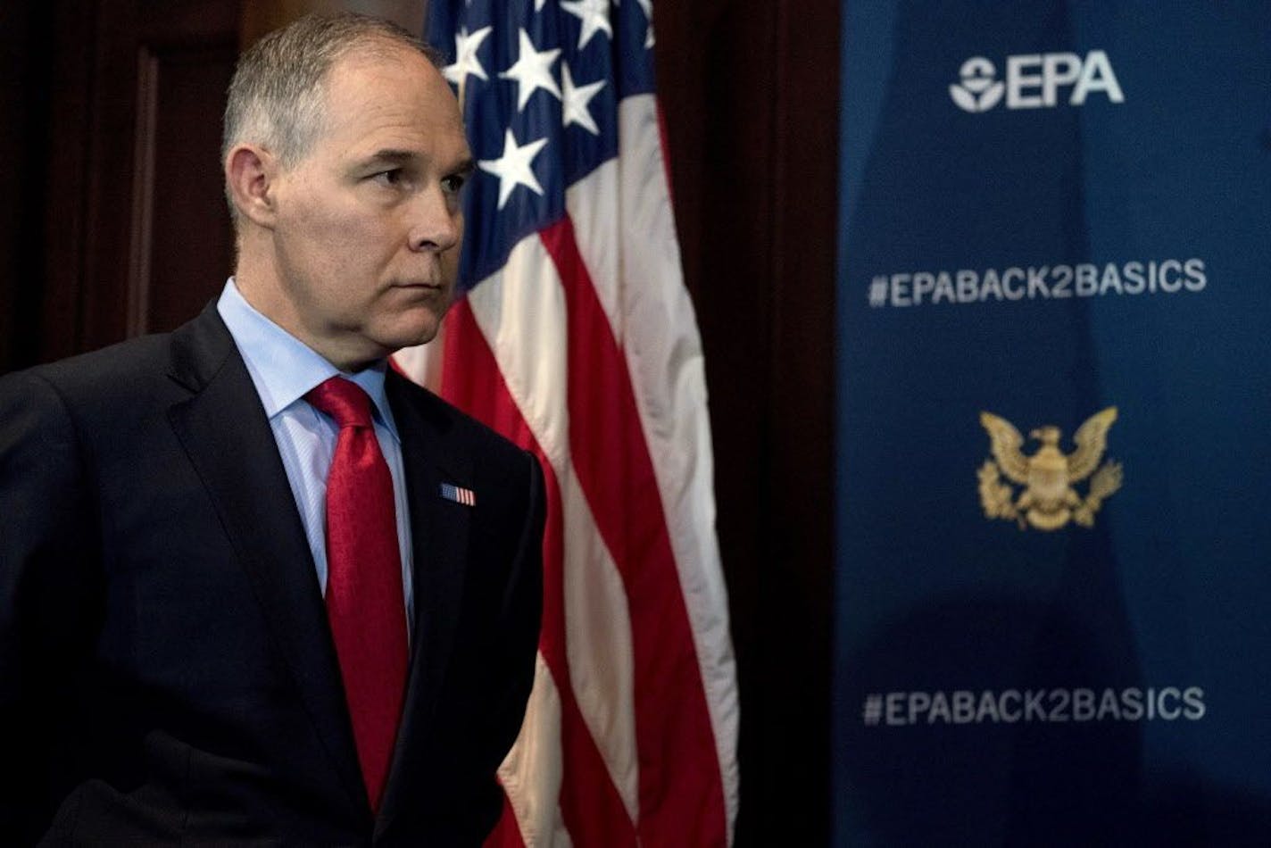 FILE - In this Tuesday, April 3, 2018, file photo, Environmental Protection Agency Administrator Scott Pruitt attends a news conference at the EPA in Washington