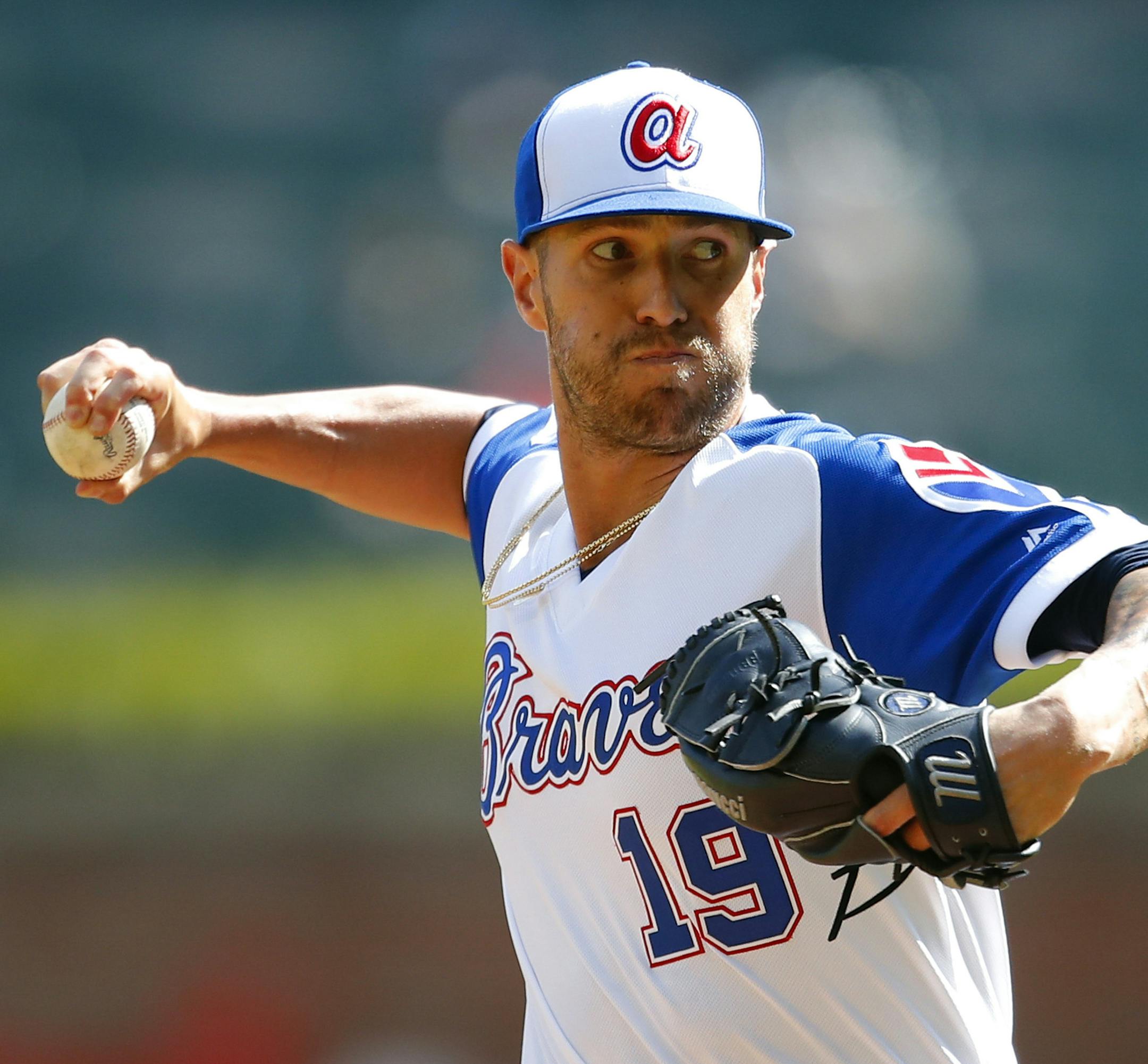 Atlanta Braves relief pitcher Shane Greene delivers in the 10th inning of a baseball game against the Cincinnati Reds, Sunday, Aug.4, 2019, in Atlanta. (AP Photo/Todd Kirkland)