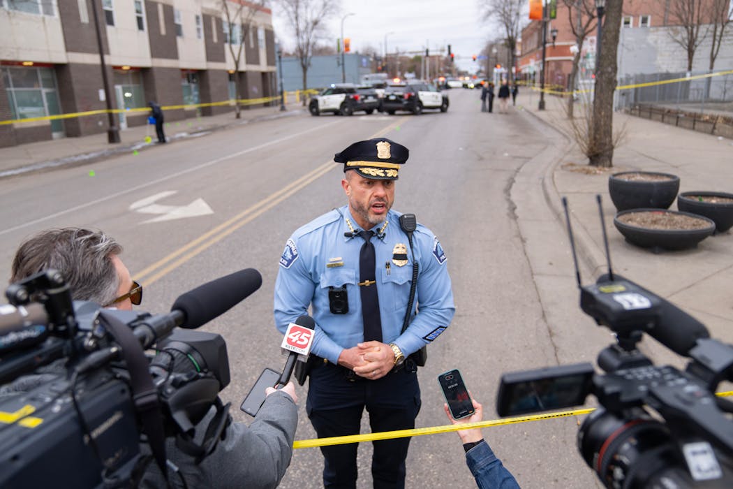 Minneapolis Police Chief Brian O'Hara spoke to the press after a multi-person shooting Tuesday near the intersection of E. Franklin Ave. and Elliot Ave. in Minneapolis.