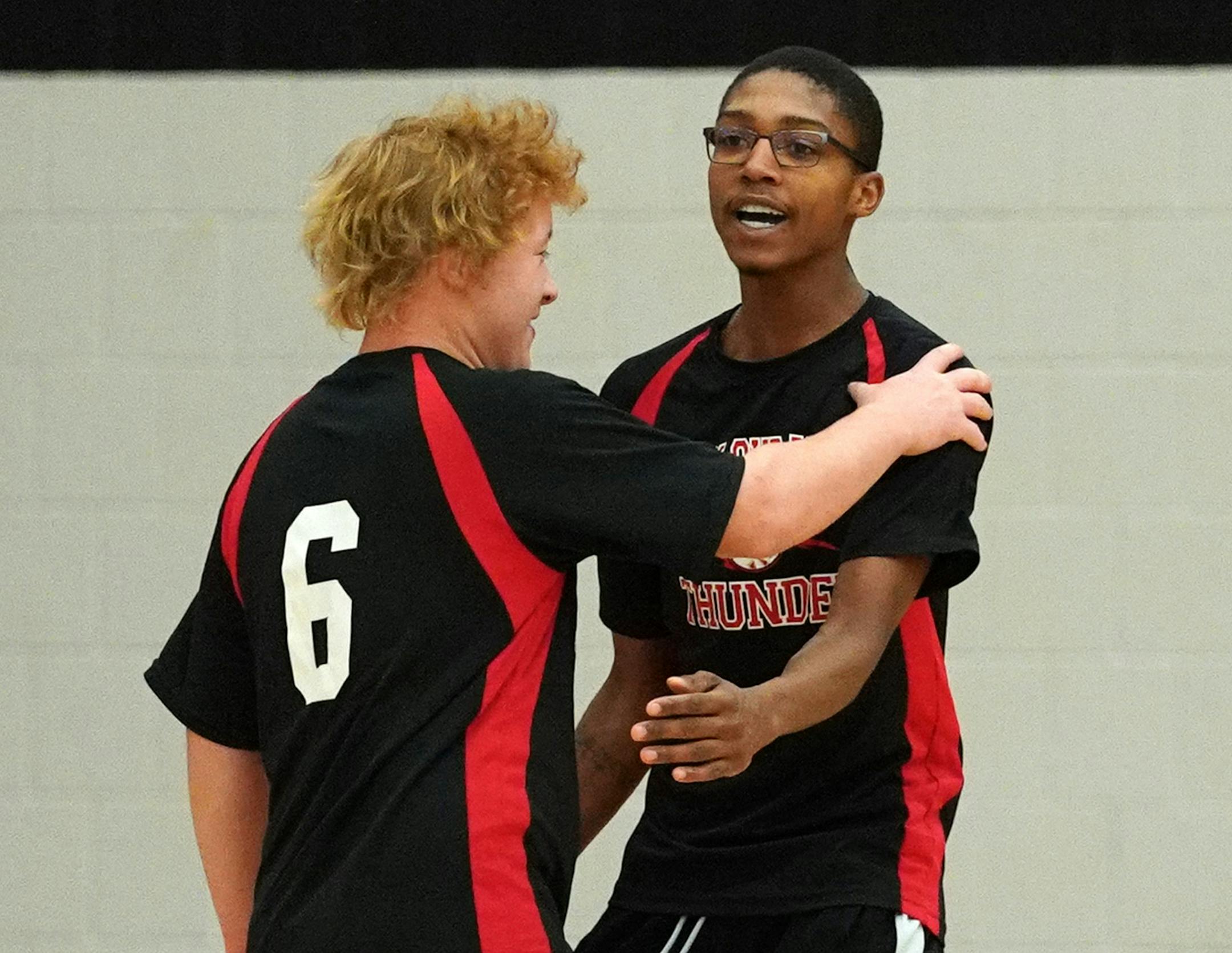 St. Cloud's Brian Jones (1) was congratulated by St. Cloud's Tyler Everts (6) after scoring a goal in the second half. ] ANTHONY SOUFFLE ï anthony.souffle@startribune.com St. Cloud played South Washington County in the adapted soccer cognitively impaired division championship game Saturday, Nov. 17, 2018 at Stillwater High School in Stillwater, Minn.