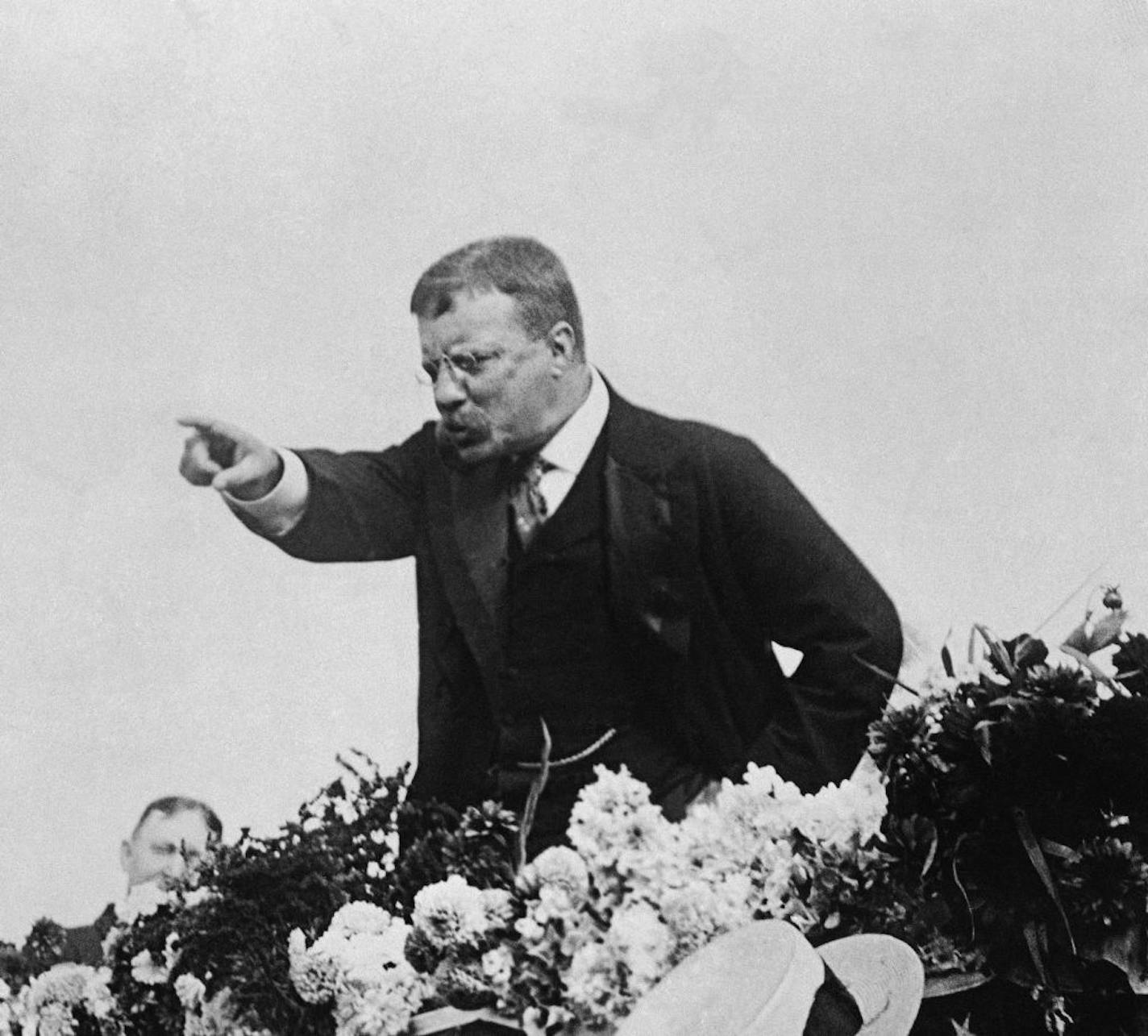 With characteristic fervor , Theodore Roosevelt , is shown speaking when he stumped the country for William McKinley during the Presidential Campaign of 1900. Roosevelt was McKinley's running mate on the Republican ticket.