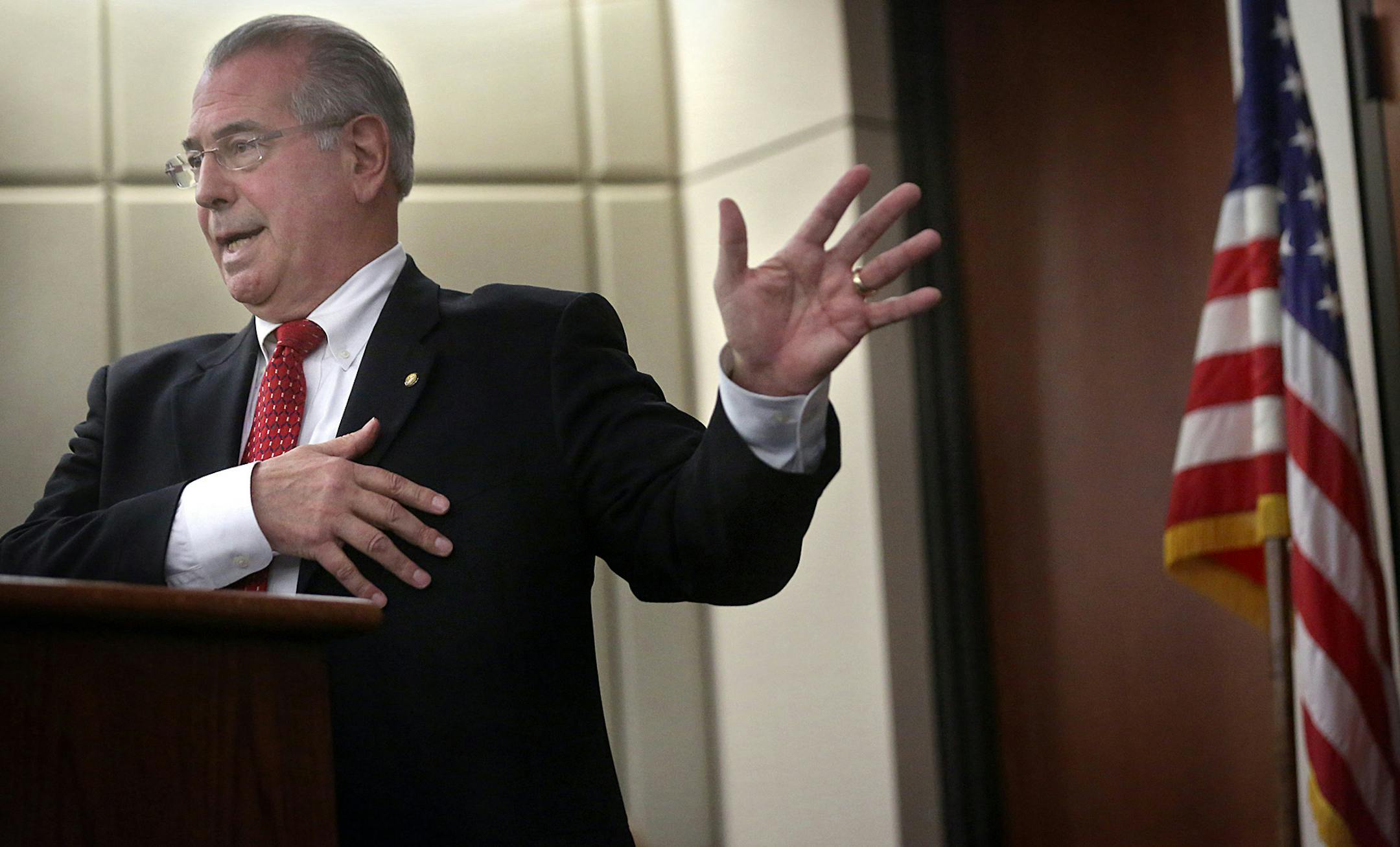 Hennepin County Attorney Mike Freeman announces Wednesday, March 30, 2016, that no charges will be filed against two Minneapolis police officers in the fatal shooting of a black man, Jamar Clark, last November, in Minneapolis. Community activists in Minneapolis say they don&#xed;t accept the prosecutor&#xed;s decision. (Jim Gehrz/Star Tribune via AP) ORG XMIT: MIN2016033016544935