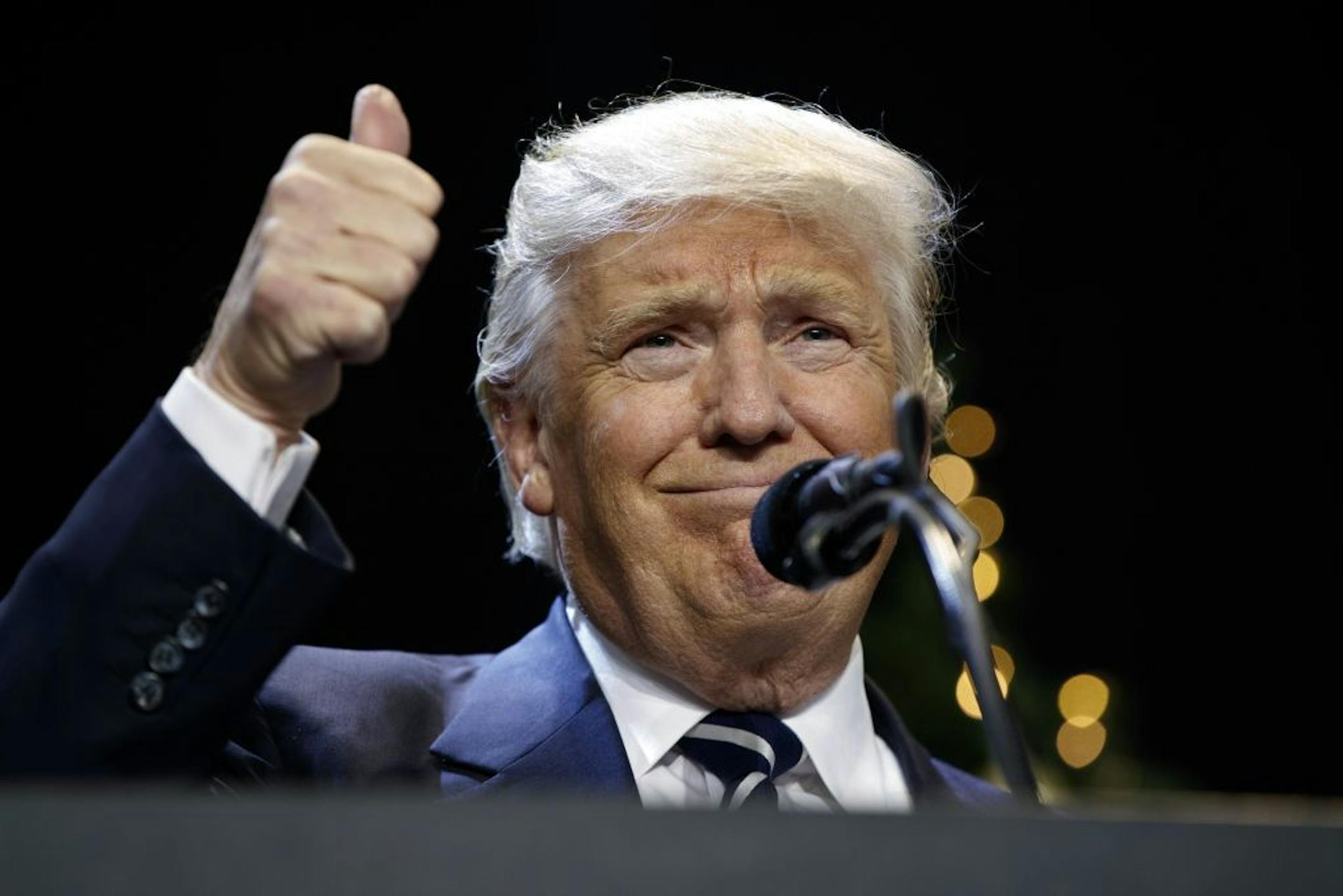 In this Dec. 13, 2016 file photo, President-elect Donald Trump gestures while speaking at a rally in West Allis, Wis. Donald Trump says America cannot let Israel be treated with "such total disdain and disrespect." The president-elect wrote on Twitter on Wednesday, Dec. 28, 2016, that Israel "used to have a great friend in the U.S., but ... not anymore."