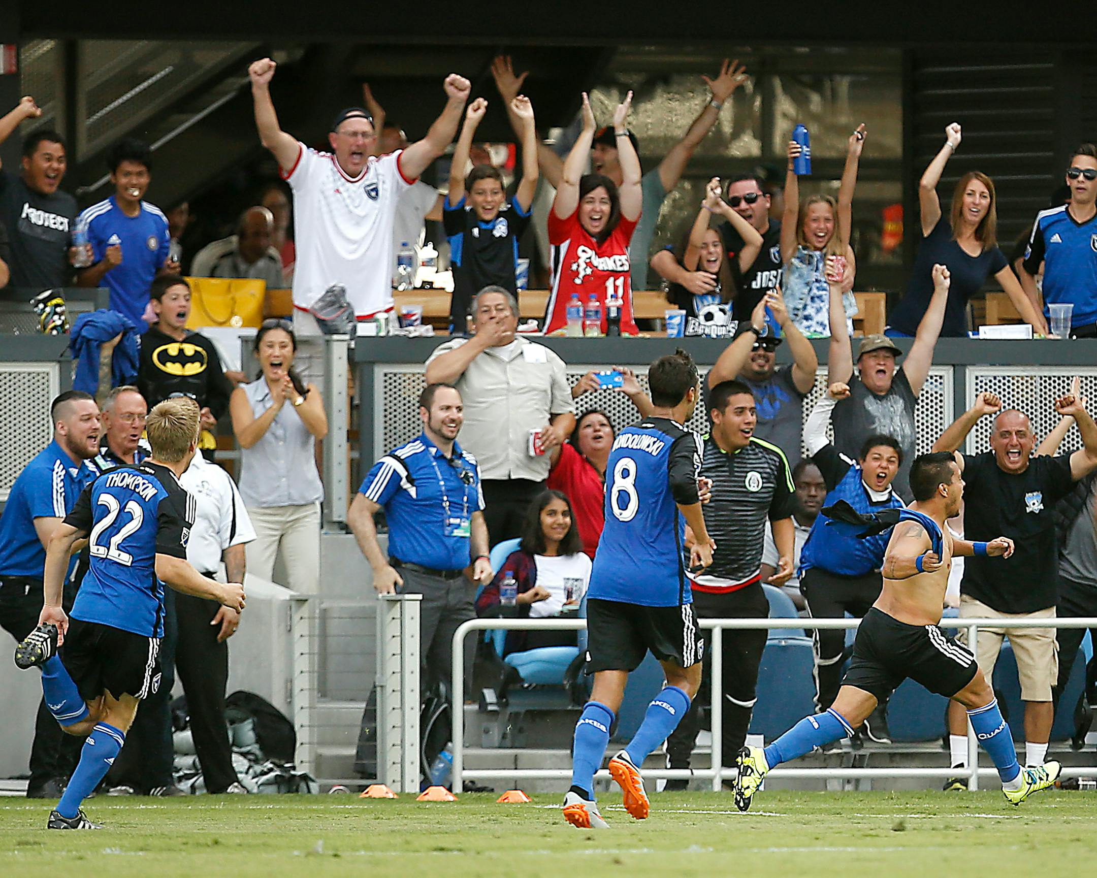 San Jose Earthquakes midfielder Matias Perez Garcia, lower right, celebrates after scoring a goal against Real Salt Lake during the second half of an MLS soccer match Sunday, Sept. 27, 2015, in San Jose, Calif. San Jose won 1-0. (AP Photo/Tony Avelar)