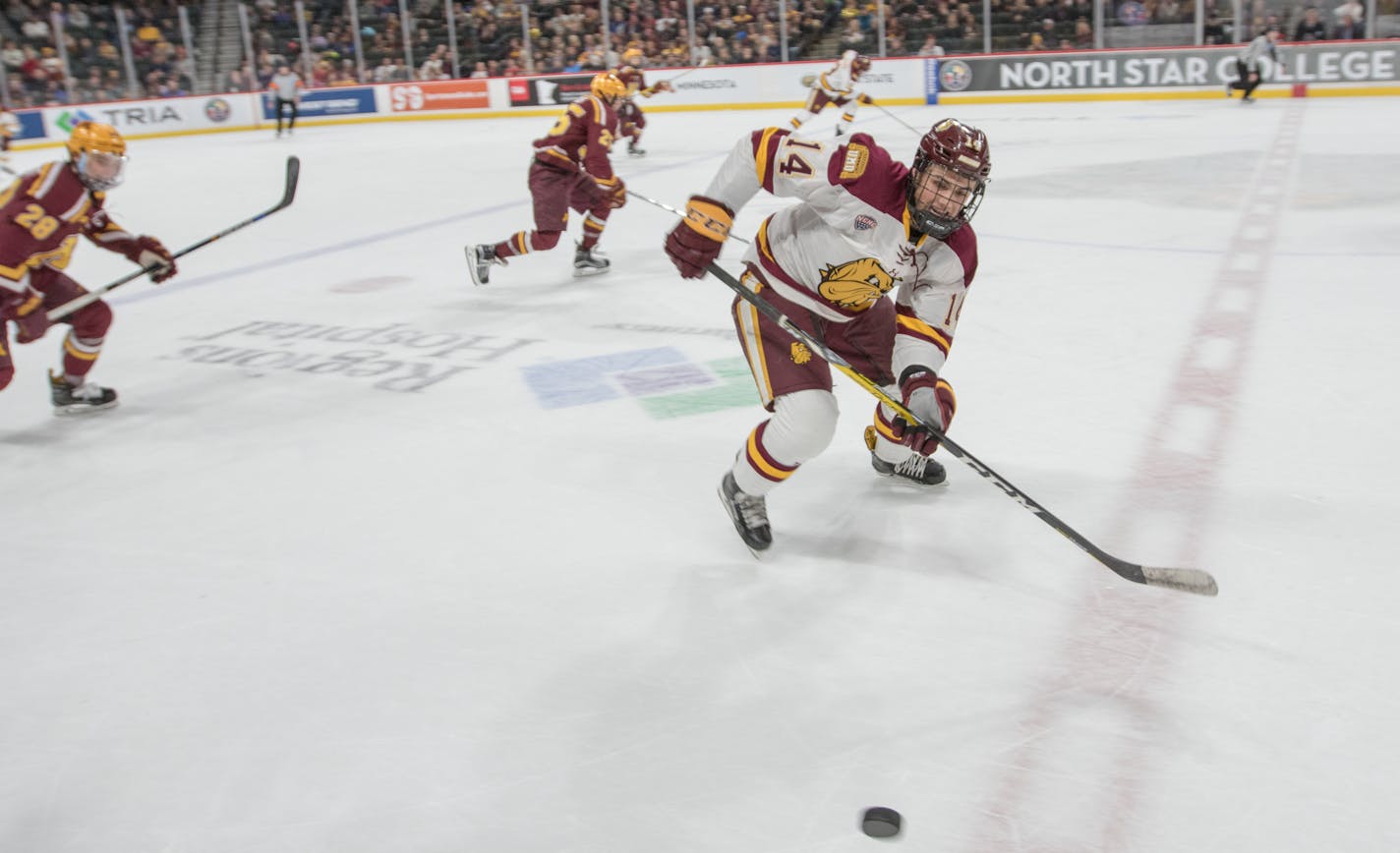 UMD Bulldogs wing Alex Iafallo (14) brings the puck up the ice in the first period.