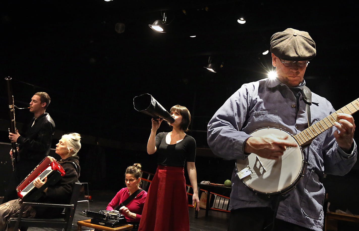 Actors rehearsed a musical number. L to r: Billy Mullaney as Young Brecht; Barbra Berlovitz as Helene Weigel; Annie Enneking as Elisabeth Hauptmann; Sara Richardson as Ruth Berlau and Pearce Bunting as Bertolt Brecht. ] JIM GEHRZ &#x201a;&#xc4;&#xa2; jgehrz@startribune.com / Minneapolis, MN / January 17, 2015 / 2:00 PM / BACKGROUND INFORMATION: After a period of slimming down because of financial issues, the Southern Theater hopes that it has found a formula for its own resurgence. The venue, on