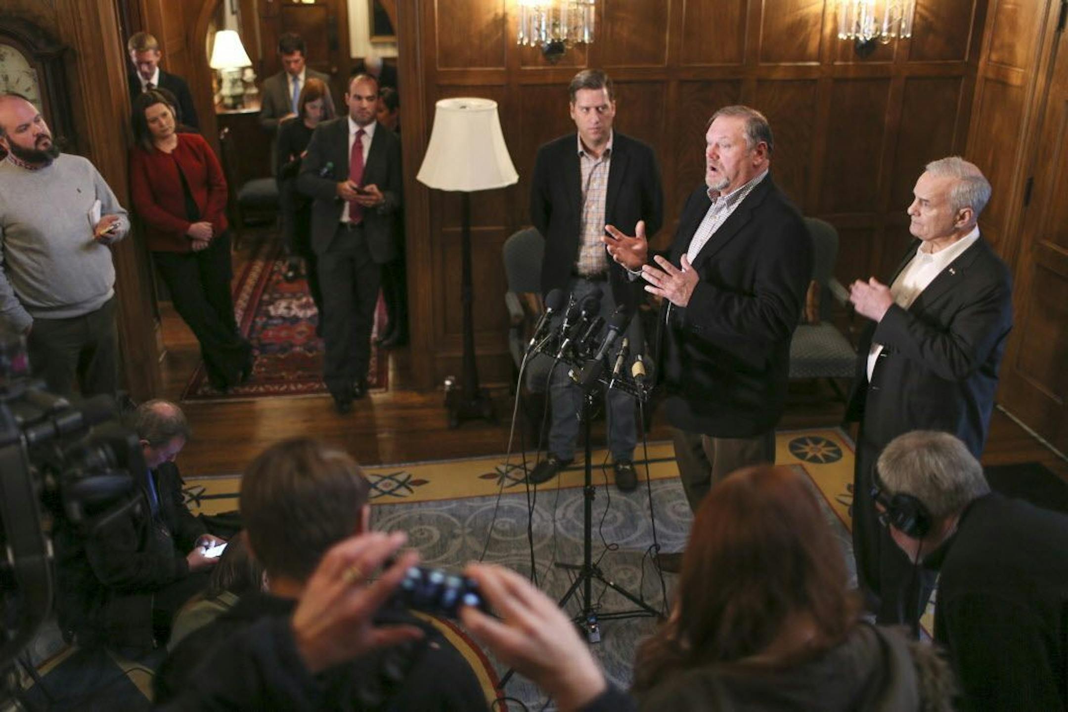 Gov. Mark Dayton and legislative leaders still haven't come to an agreement on the need for a special session. Governor Dayton (right), Republican House Speaker Kurt Daudt (left) and Senate Majority Leader Tom Bakk (center) emerged from a Thursday meeting? with no clear path forward. Republican House Speaker Kurt Daudt says he thinks it can wait until the Legislature returns March 8.