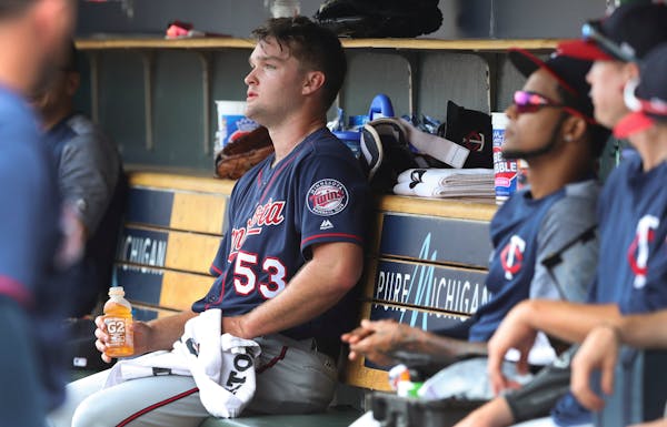 Twins starter Kohl Stewart sat in the dugout after being relieved during the fifth inning against the Detroit Tigers on Sunday.