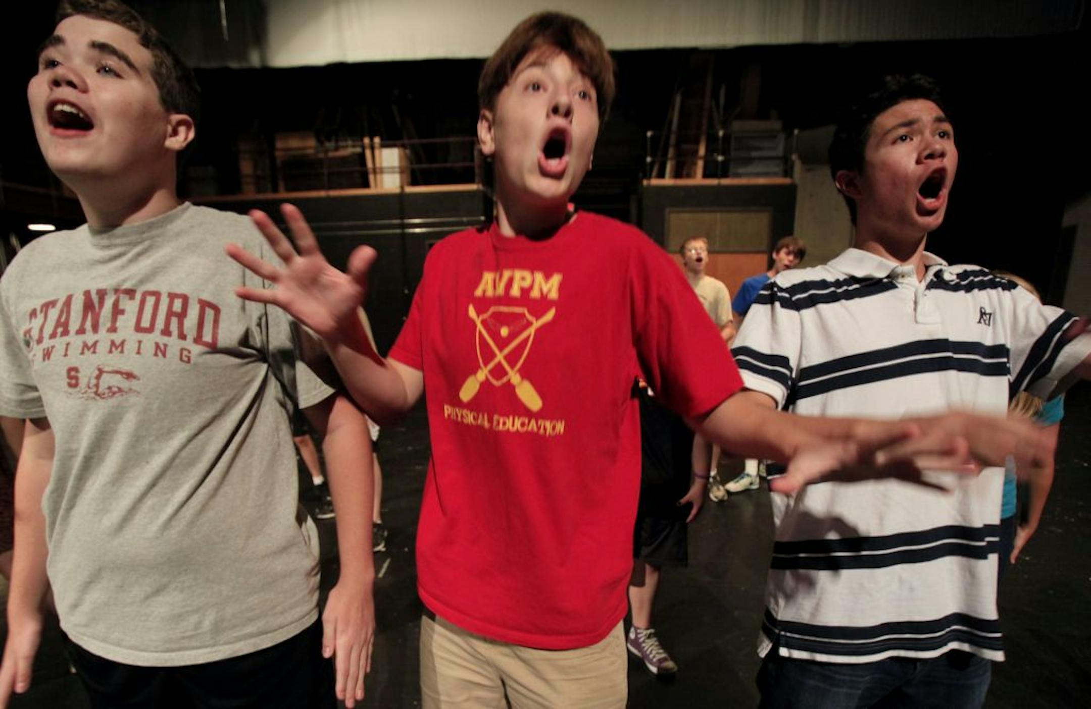 Danny Houseman (left), Timothy Radermacher (center) and C. Luke Soucy (right) sing in Blue Water Theatre Co.'s production of Guys and Dolls at Wayzata Central Middle School in Plymouth, MN. July 18, 2012.