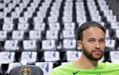 Kyle Anderson of the Wolves thinks deep thoughts before Game 5 at Denver's Ball Arena on Tuesday night.