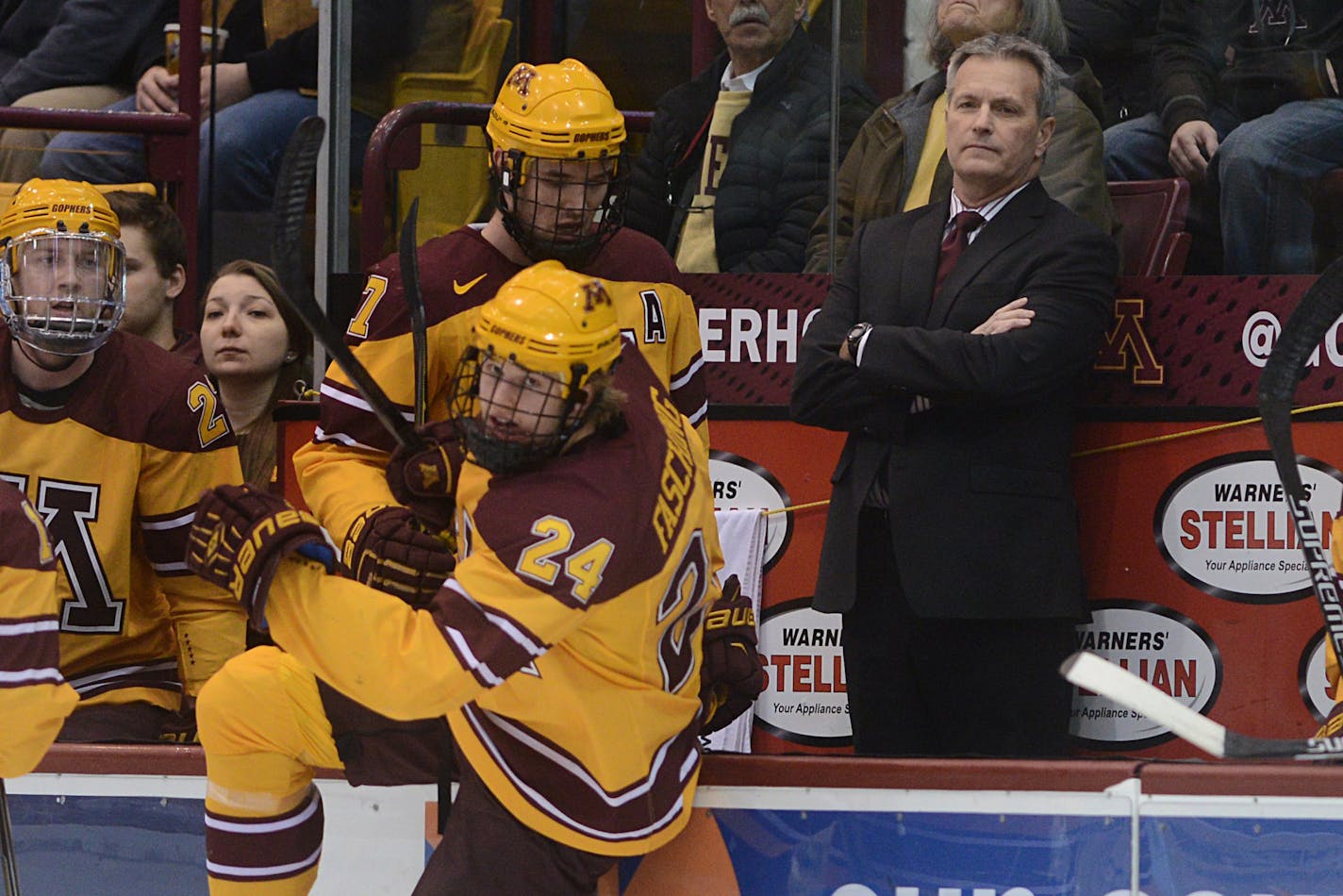 Gophers mens' hockey head coach Don Lucia watches his team play. ] During the first period. BRIDGET BENNETT SPECIAL TO THE STAR TRIBUNE &#x2022; bridget.bennett@startibune.com Gophers versus Michigan State on Friday, Feb. 27, 2015 at Mariucci Arena at the University of Minnesota. Score after first period 0-0 904192 UPUK022815