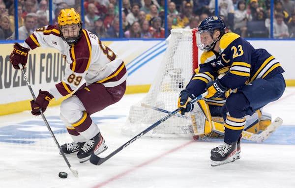 Matthew Knies (89) capped his college career Saturday night with the Gophers’ 3-2, overtime loss to Quinnipiac in the NCAA championship game.