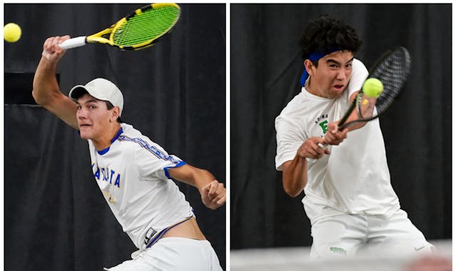 Collin Beduhn (left) of Wayzata and Matthew Fullerton of Edina return for their senior seasons after settling the Class 2A singles championship over f