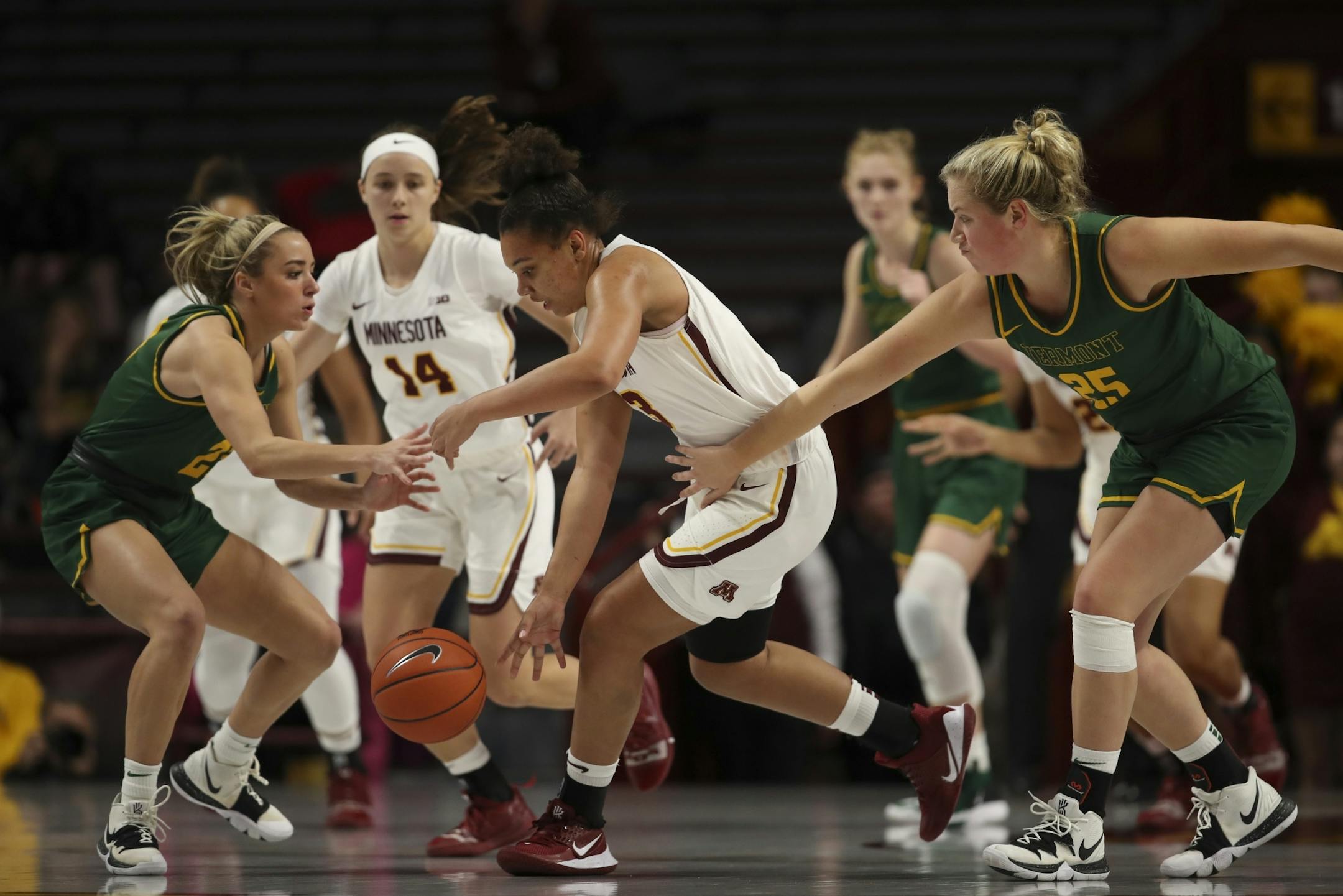 Minnesota Golden Gophers guard Destiny Pitts (3) took off after a second half takeaway from Vermont Catamounts forward Abby Settelmeyer (25).