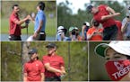 Some golfers and fans paid tribune to Tiger Woods on Sunday: They included Tommy Fleetwood and Cameron Champ (lower left), Sebastian Munoz (top left),