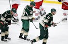 Wild players, including Zach Parise (11), Ryan Suter (20) and Nino Niederreiter skated off the ice following Saturday's streak-ending loss to Columbus