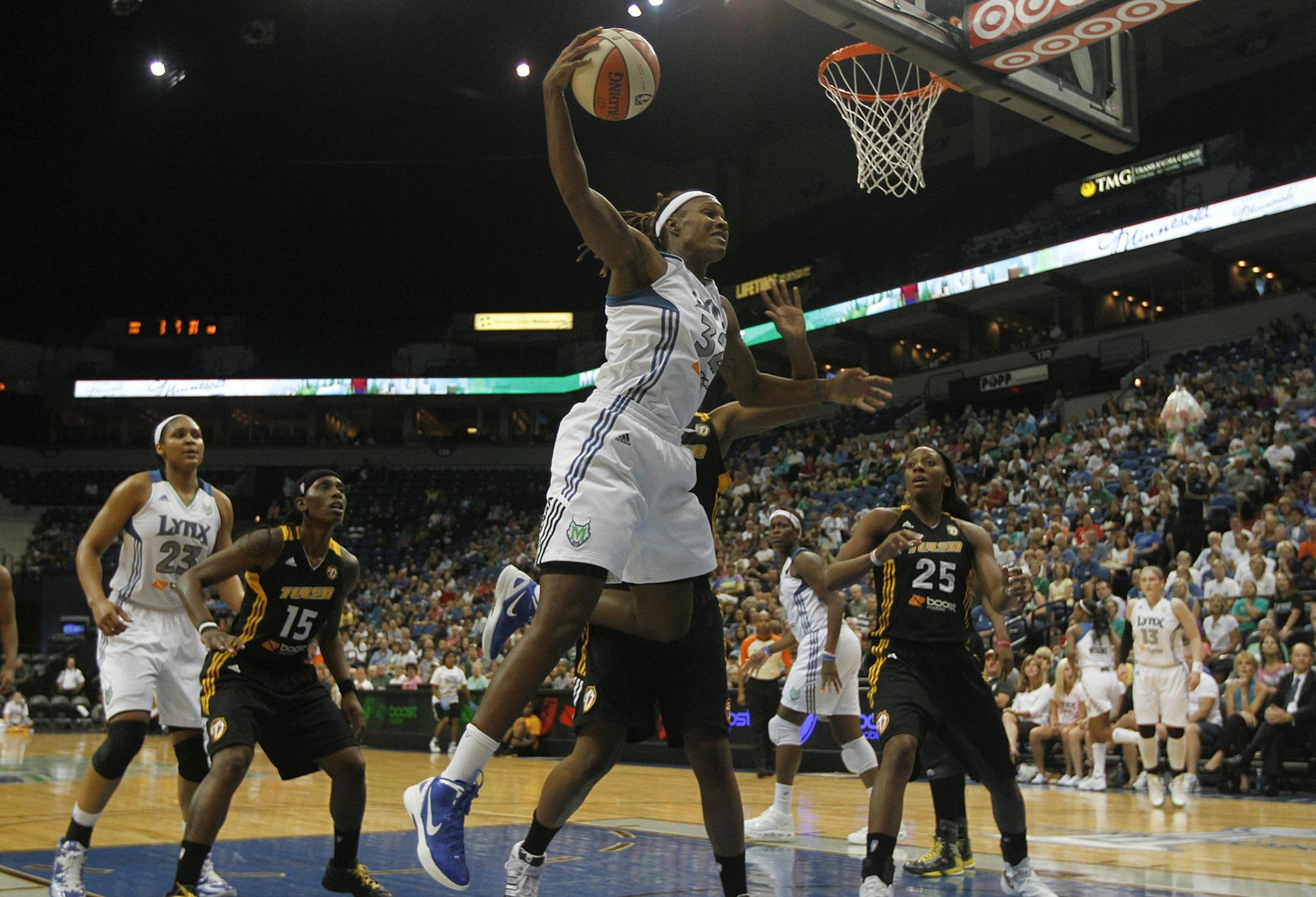 Lynx Rebekkah Brunson pulled down an offensive rebound during first half action at the Target Center in Minneapolis, Min., Friday August 31, 2012.