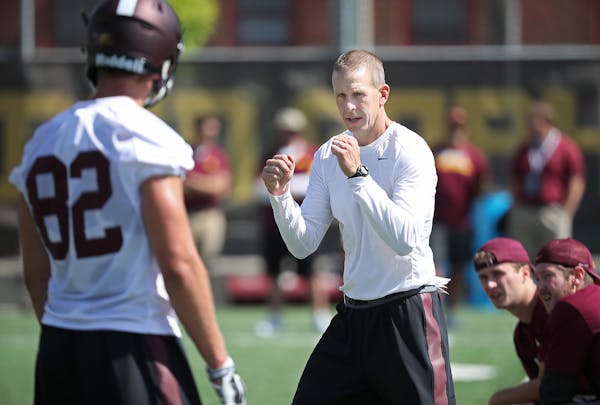 Minnesota Gophers offensive coordinator Jay Johnson took to the field for the second day of practice, Saturday, August 6, 2016 at Bierman Field in Min