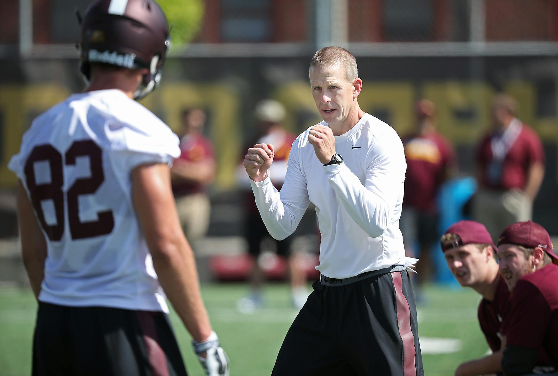 Minnesota Gophers offensive coordinator Jay Johnson took to the field for the second day of practice, Saturday, August 6, 2016 at Bierman Field in Minneapolis, MN. ] (ELIZABETH FLORES/STAR TRIBUNE) ELIZABETH FLORES • eflores@startribune.com