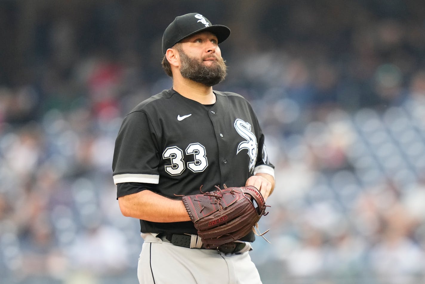 Chicago White Sox starting pitcher Lance Lynn during the fifth inning in the first baseball game of a doubleheader against the New York Yankees Thursday, June 8, 2023, in New York. (AP Photo/Frank Franklin II)